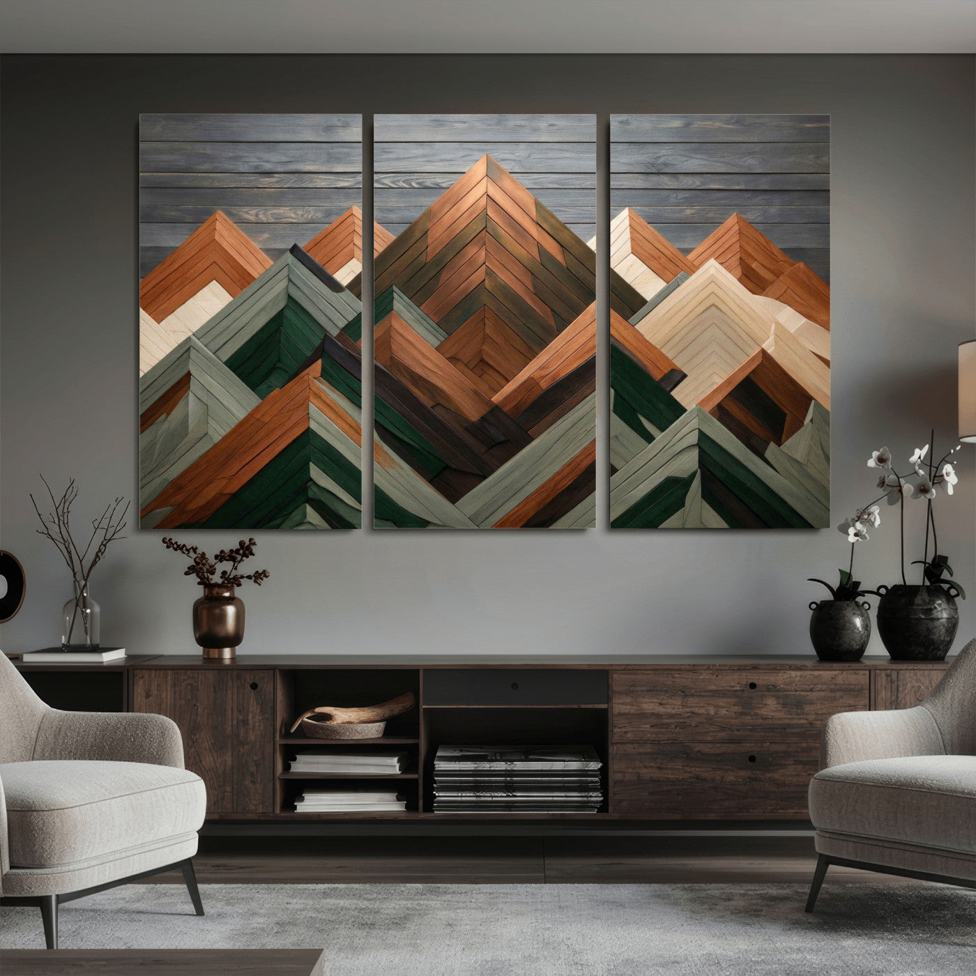 84617347-MGV-CV-36X24 - Geometric Wood Mountain Wall Art Canvas Print, 3D Look Rustic Mosaic Landscape Print