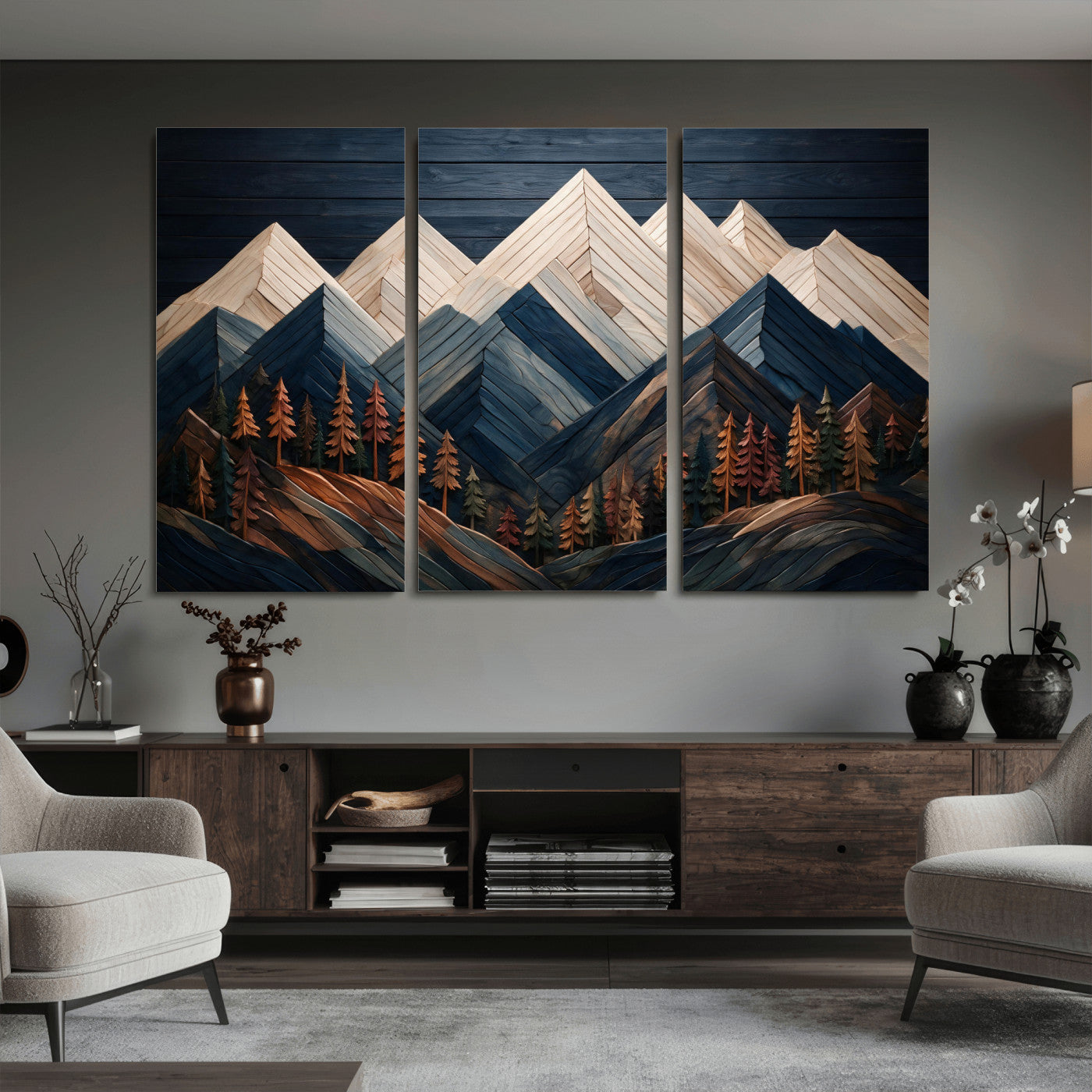 87765072-MGV-CV-36X24 - Geometric Wood Mountain Wall Art Canvas Print, 3D Look Rustic Mosaic Landscape Print