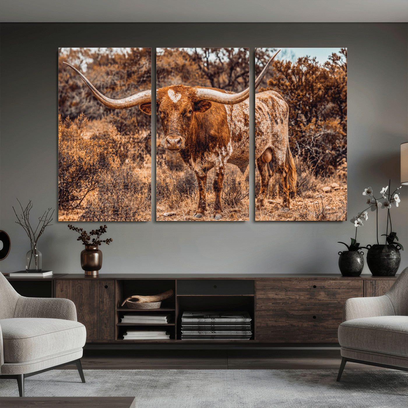 62076449-MGV-CV-36X24 - Texas Cow Bull Longhorn Print for Western Wall Art Decor for Farmhouse