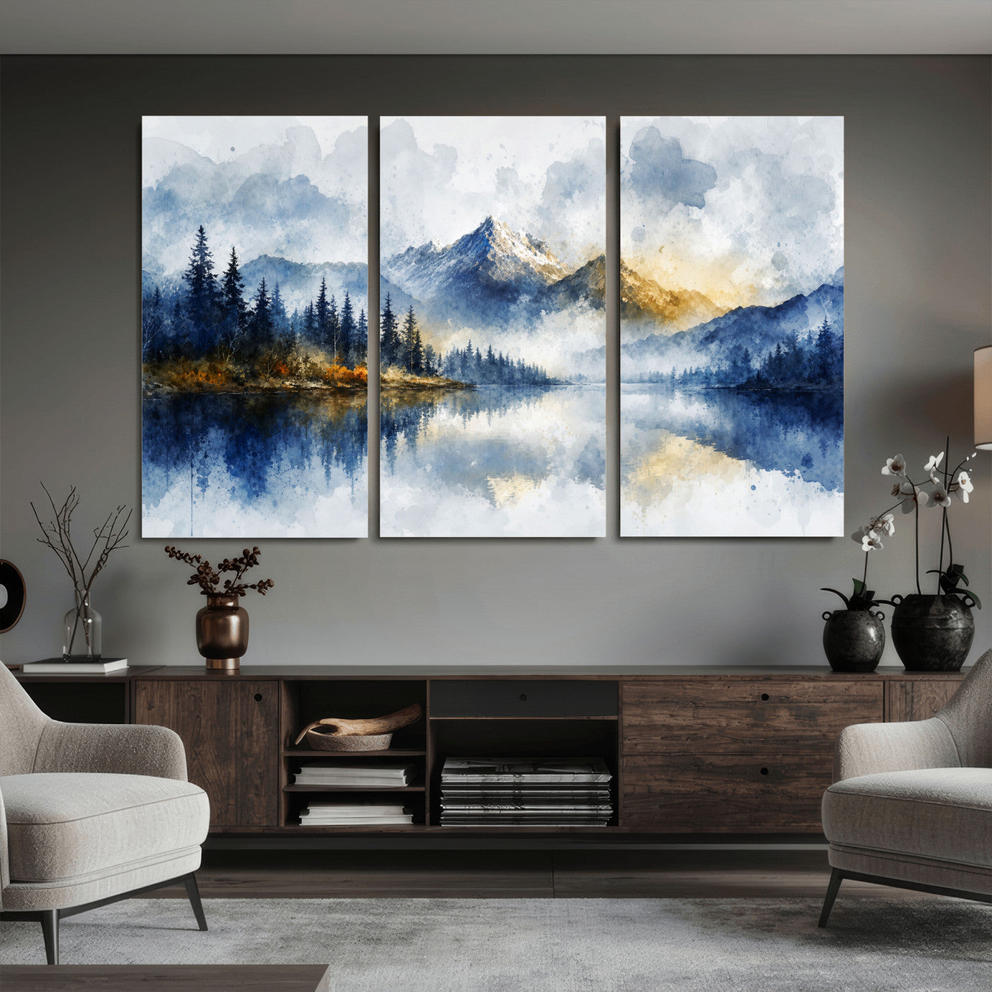 62076449DG-MGV-CV-36X24 - Abstract Watercolor Mountain Lake Wall Art Print for Living Room Decor