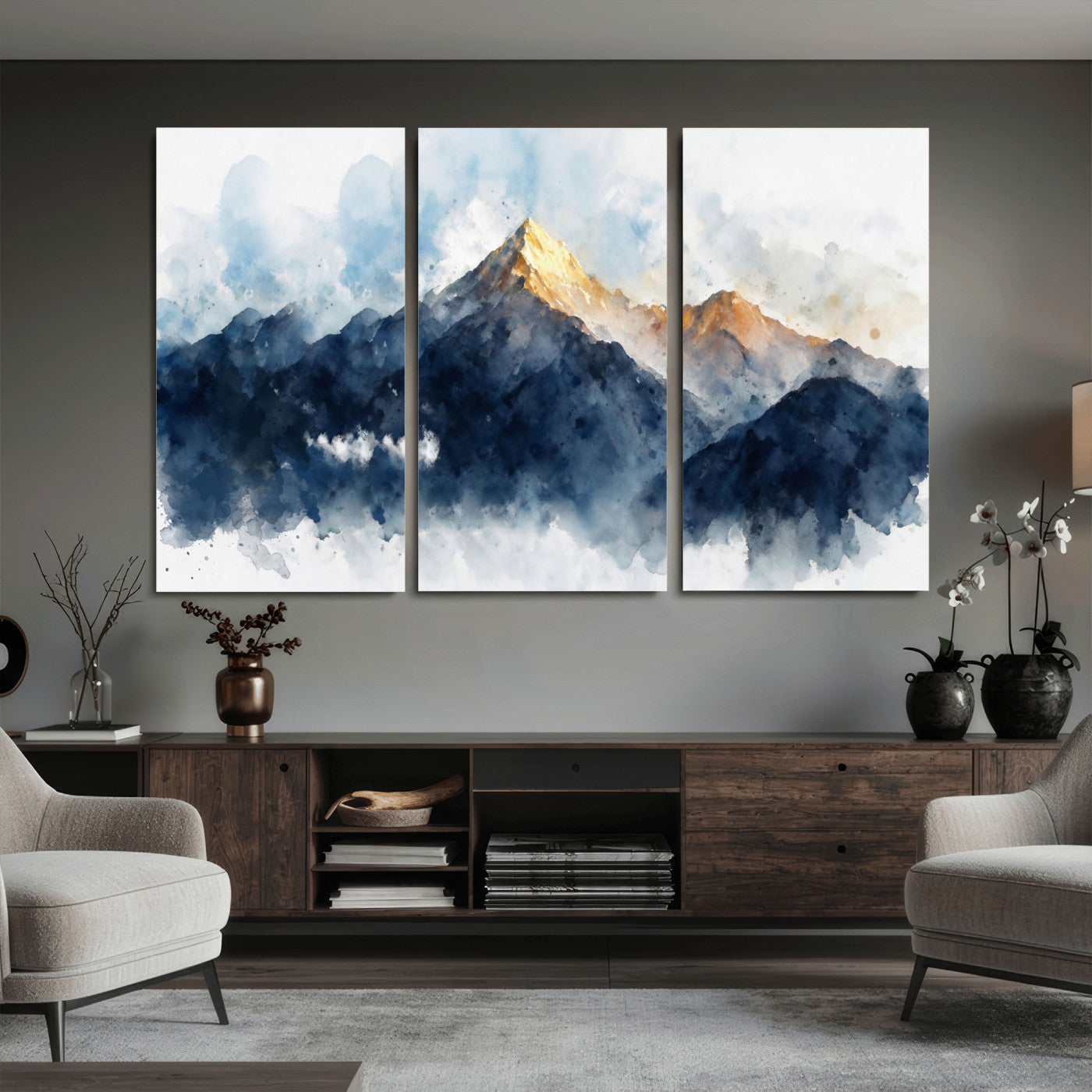 62076449DG1-MGV-CV-36X24 - Abstract Watercolor Mountain Lake Wall Art Print for Living Room Decor
