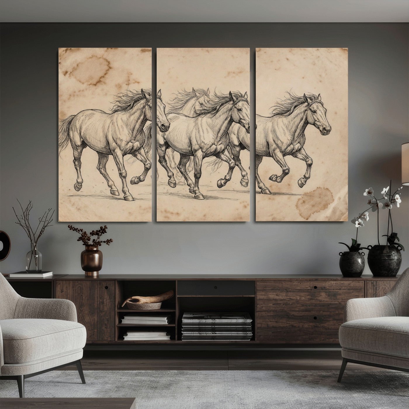 56046981-MGV-CV-36X24 - Sepia Wild Horses Canvas Art, Antique Pencil Drawing Print, Vintage Gallery Wall Decor, Rustic Equestrian Artwork, Traditional Den Gift