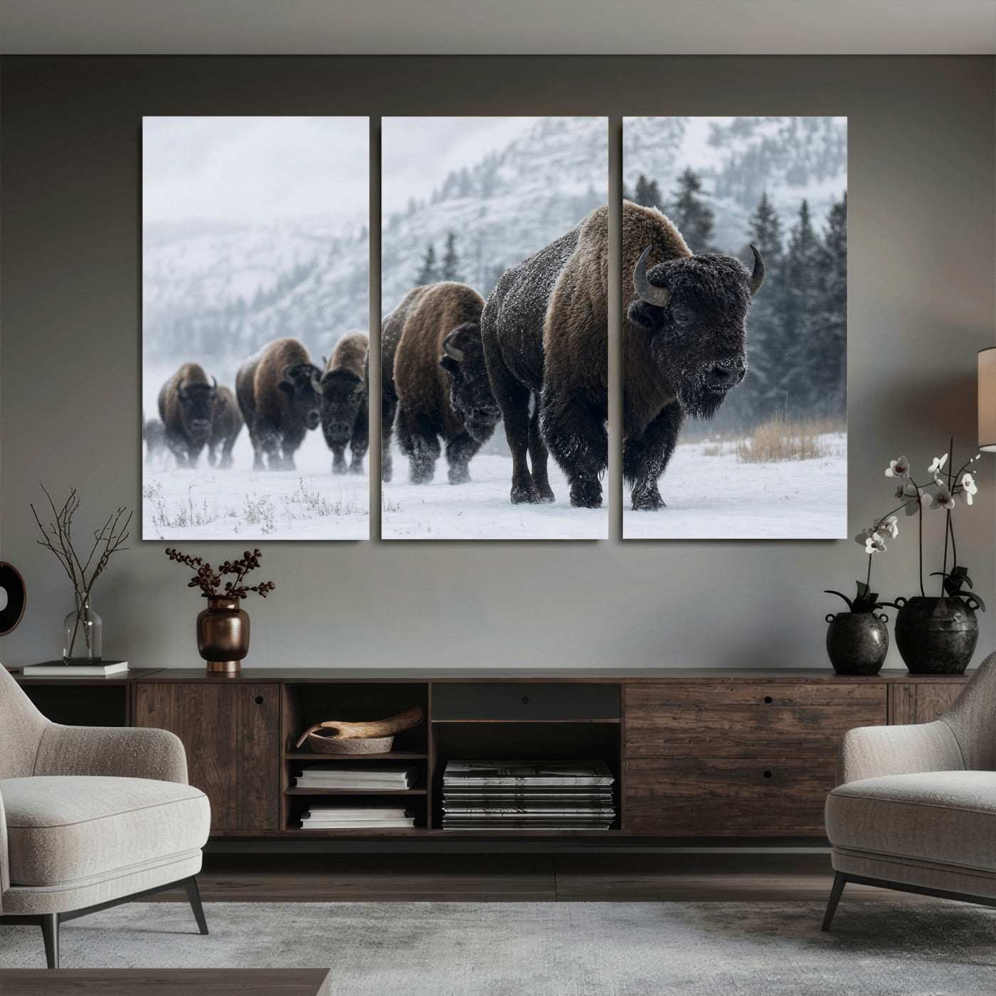 18343289-MGV-CV-36X24 - Rustic Bison Wall Art, American Buffalo Photo Print, Wildlife Canvas Artwork, Snowy Mountain Decor, Large Nature Poster, Cabin Gift Idea