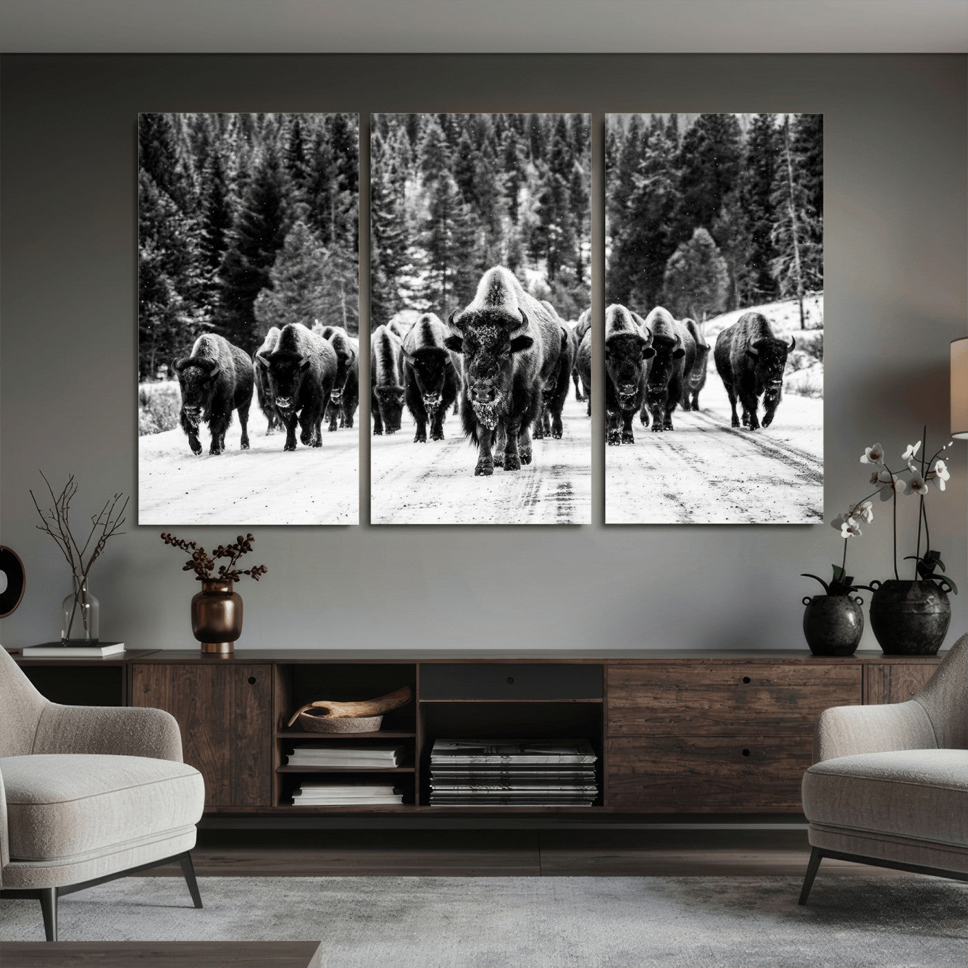 79337077-MGV-CV-36X24 - Black and White Bison Canvas Art, American Buffalo Print, Winter Wildlife Photography, Rustic Forest Wall Decor, Large Statement Nature Gift