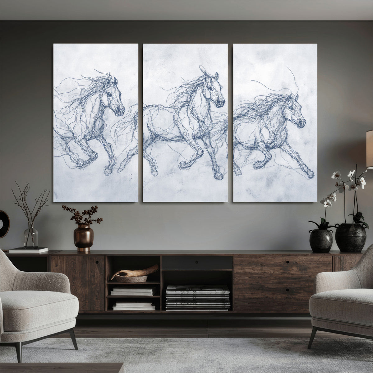 41163601-MGV-CV-36X24 - Indigo Blue Horse Line Art Canvas, Steel Grey Wild Horses Print, Abstract Navy Scribble Artwork, Modern Slate Equine Wall Decor, Coastal Ranch Gift
