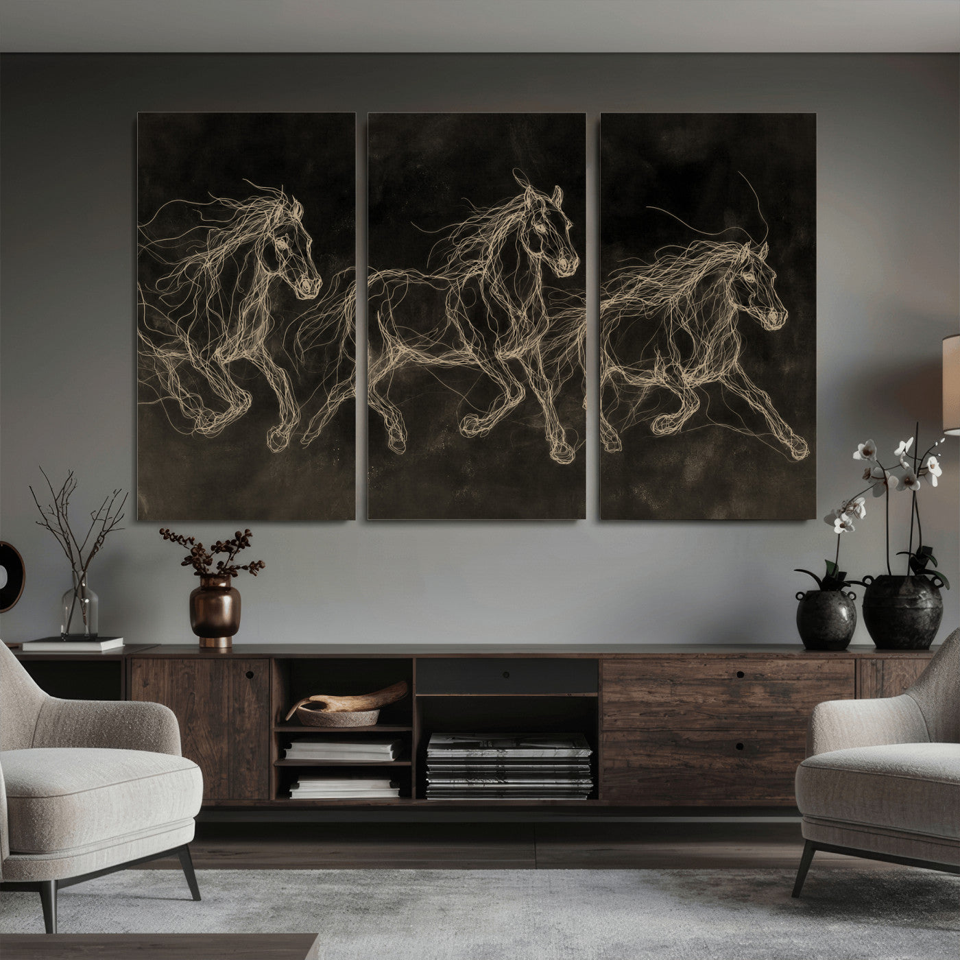 15344242-MGV-CV-36X24 - Dark Horse Line Art Canvas, Gold Scribble Wild Horses Print, Black Chalkboard Wall Art, Modern Luxury Equine Decor, Masculine Office Gift