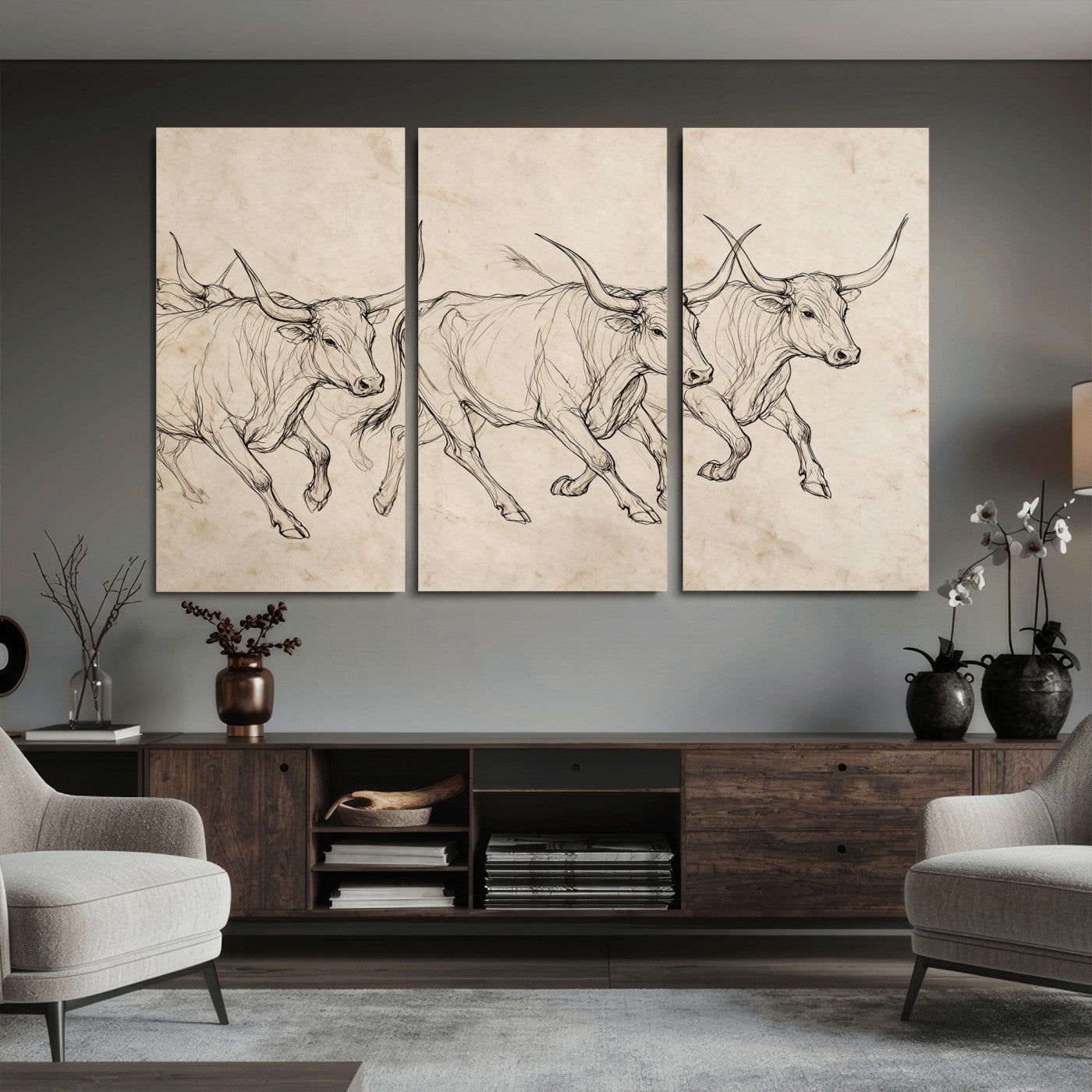 87177621-MGV-CV-36X24 - Minimalist Longhorn Line Art, Modern Texas Bull Canvas Print, Abstract Western Wall Decor, Continuous Line Artwork, Black White Ranch Gift