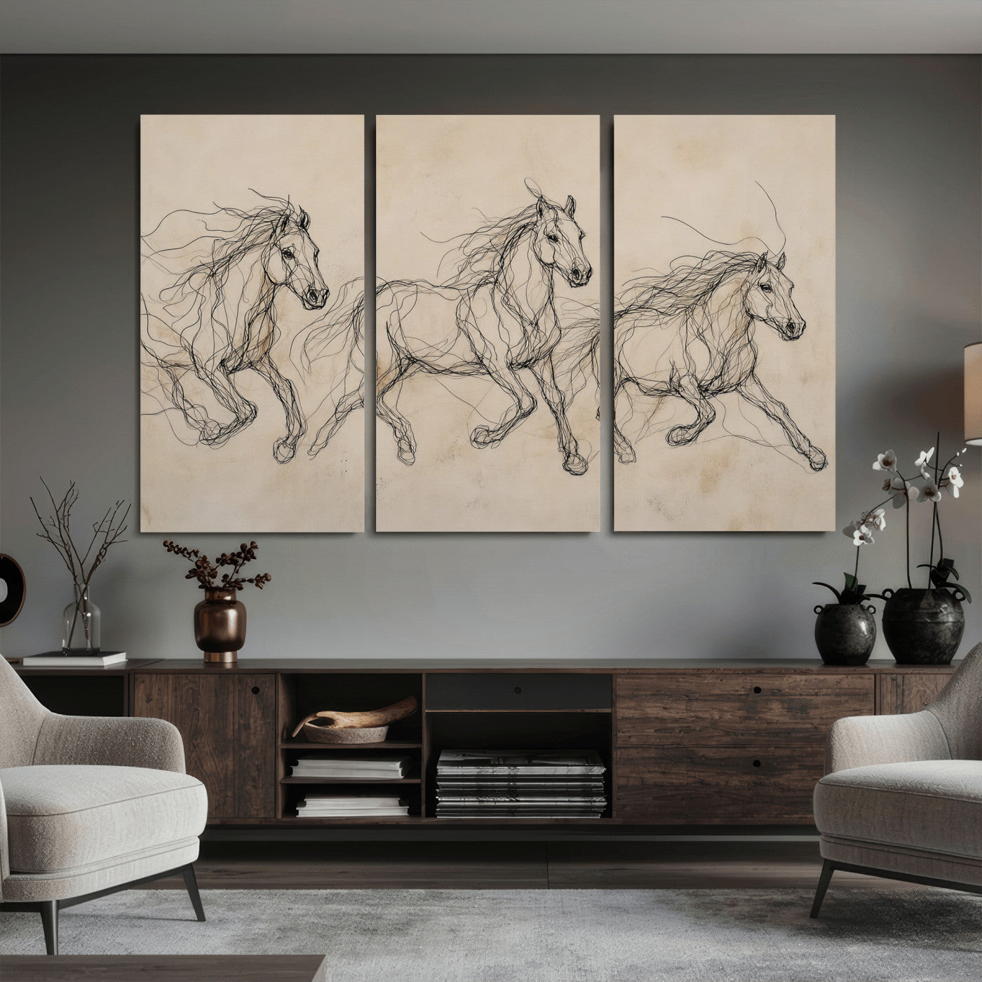 81051673-MGV-CV-36X24 - Abstract Horse Line Art Canvas, Gesture Sketch Wild Horses Print, Modern Scribble Artwork, Minimalist Equine Wall Decor, Rustic Studio Gift