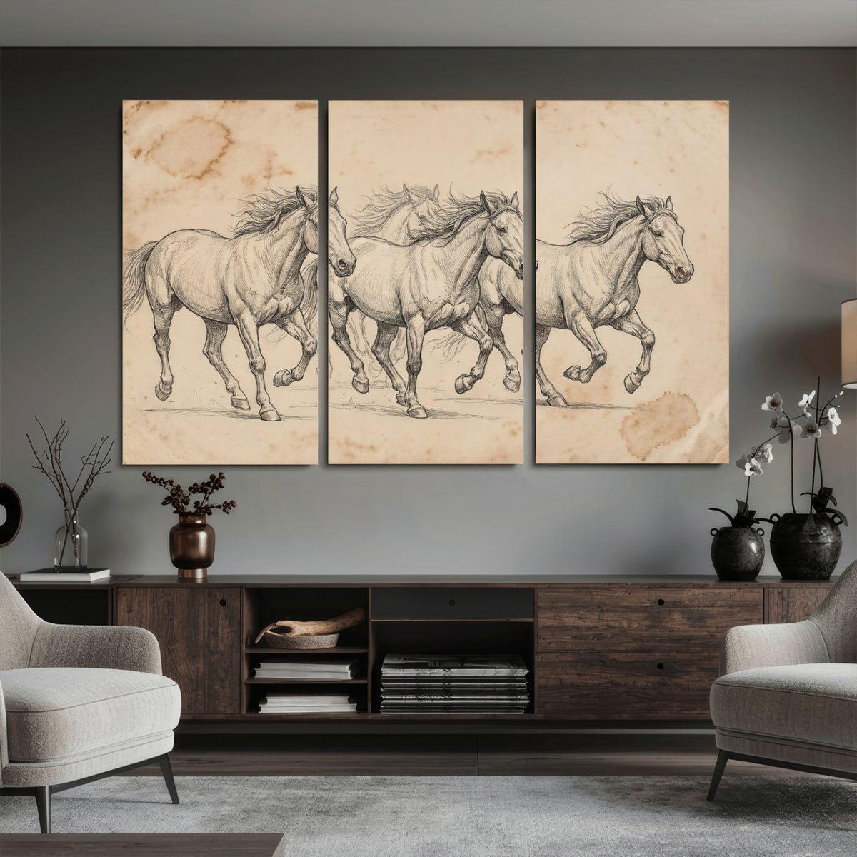 16644391-MGV-CV-36X24 - Vintage Horse Sketch Canvas Wall Art, Wild Horses Pencil Drawing Print, Antique Parchment Western Decor, Equine Sketching, Country Manor Gift