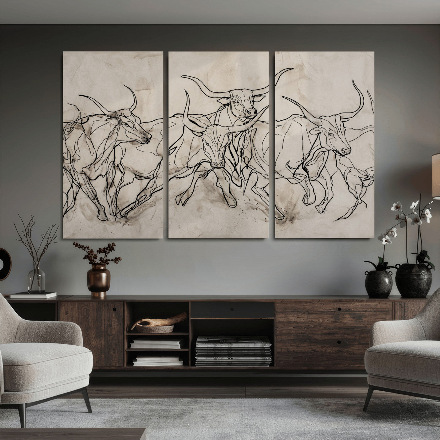 16671245-MGV-CV-36X24 - Minimalist Longhorn Line Art, Modern Texas Bull Canvas Print, Abstract Western Wall Decor, Continuous Line Artwork, Black White Ranch Gift
