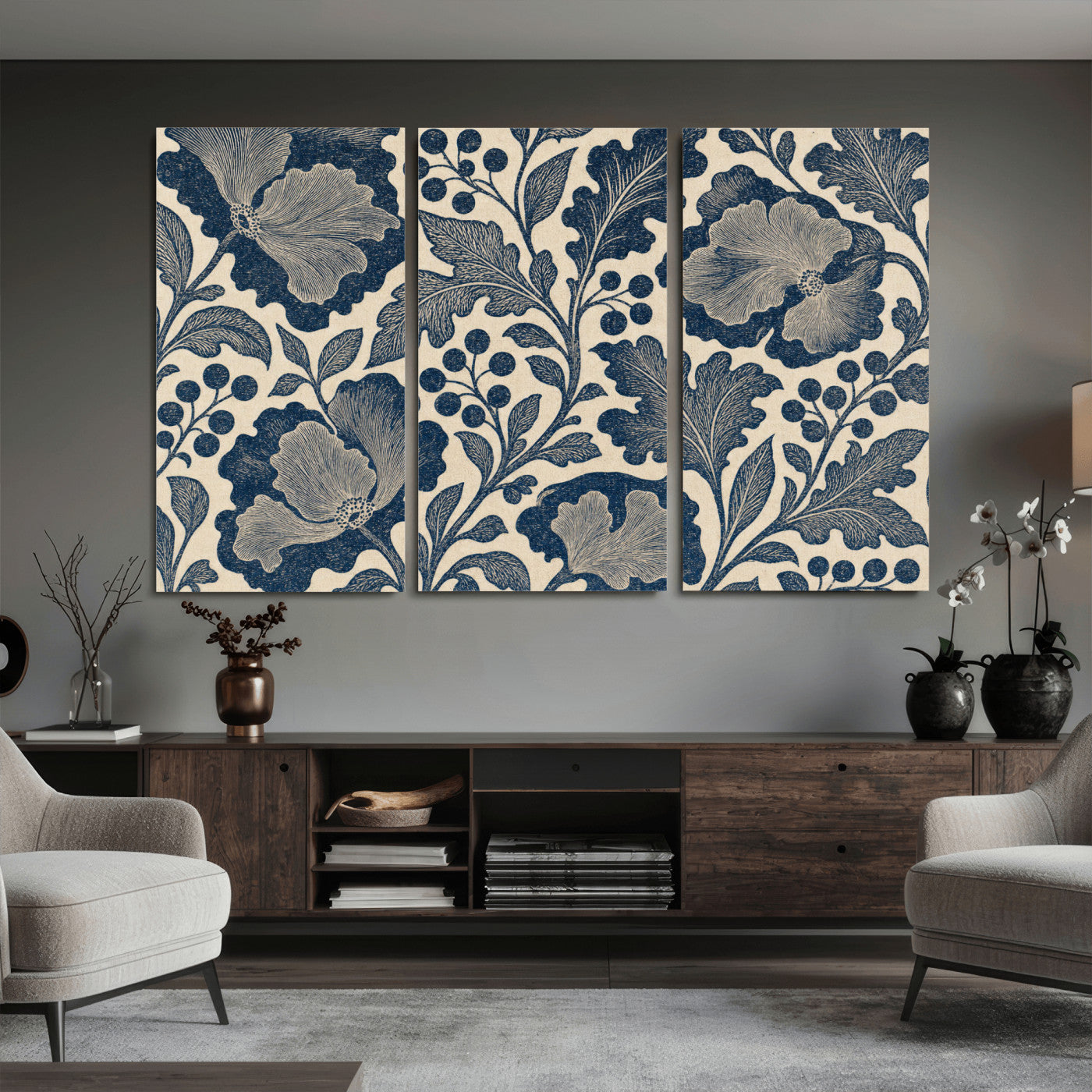 23824002-MGV-CV-36X24 - William Morris Style Navy Blue Floral Wall Art Canvas Print, Vintage Cream Botanical Painting Print