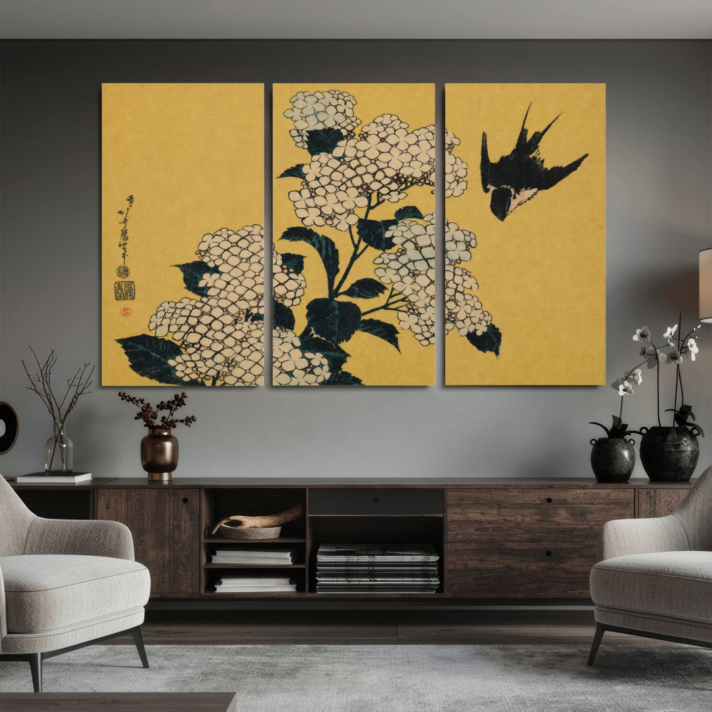 92483501-MGV-CV-36X24 - Katsushika Hokusai Hydrangea and Swallow Wall Art Canvas Print, Japanese Woodblock Painting Print
