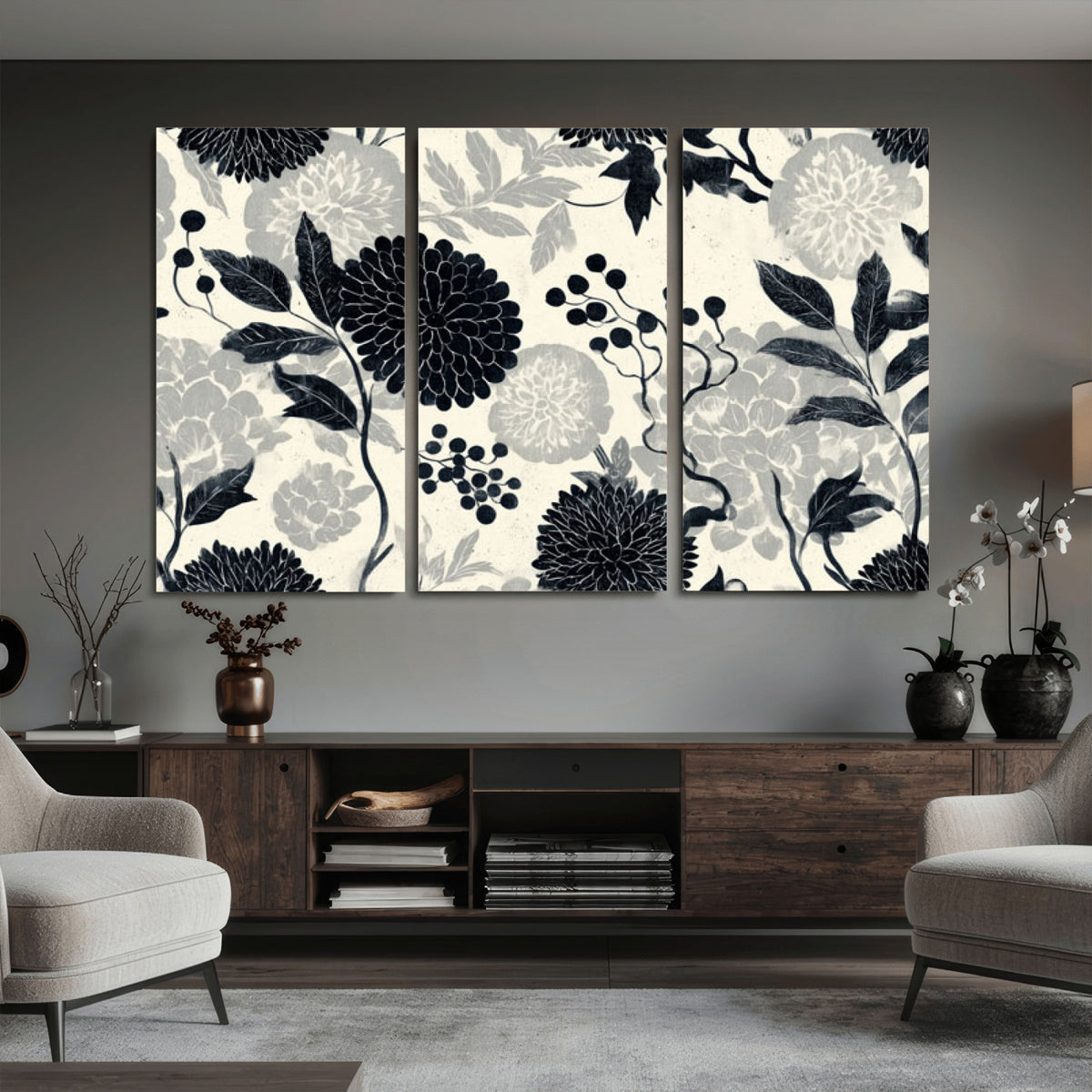 61524791-MGV-CV-36X24 - Vintage Black Chrysanthemum Wall Art Canvas Print, Monochrome Dhalia Floral Painting Print