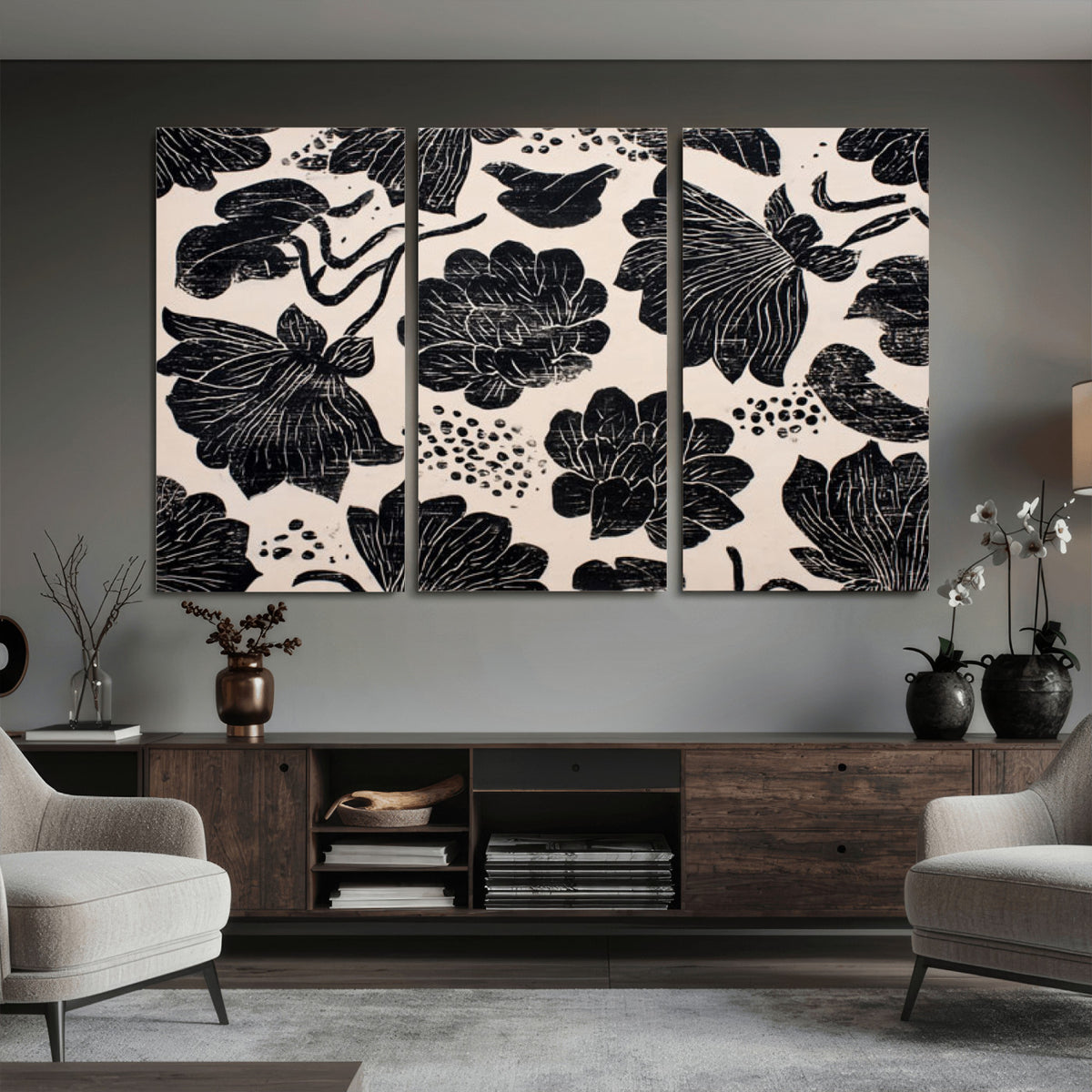 81787117-MGV-CV-36X24 - Linocut Black Lotus Floral Wall Art Canvas Print, Vintage Monochrome Botanical Painting Print