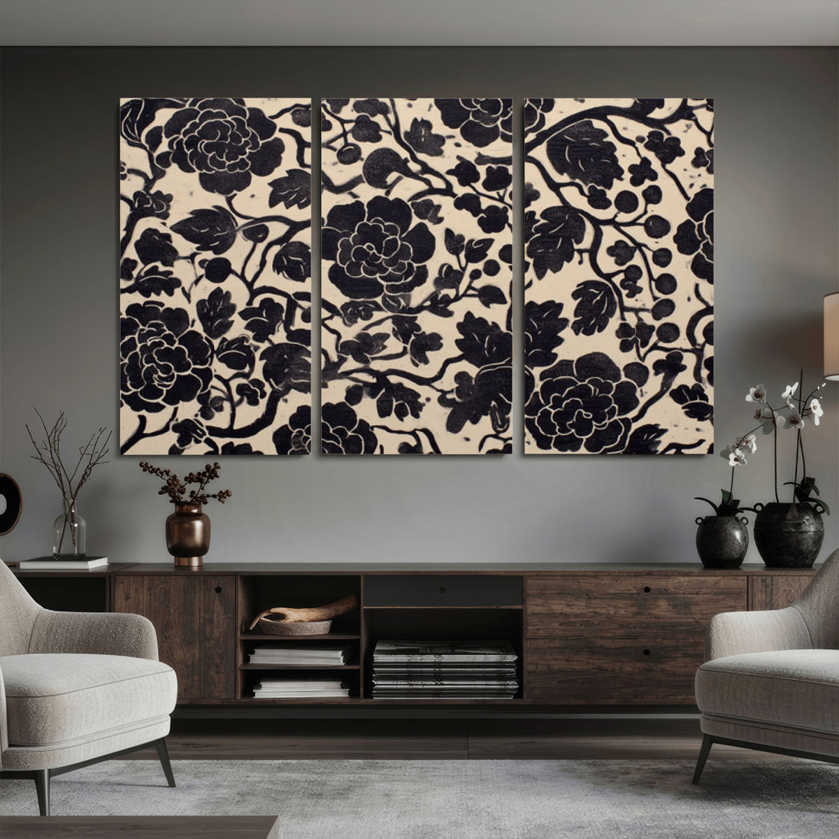 86696255-MGV-CV-36X24 - Vintage Black and Cream Floral Wall Art Canvas Print, Chinoiserie Botanical Painting Print