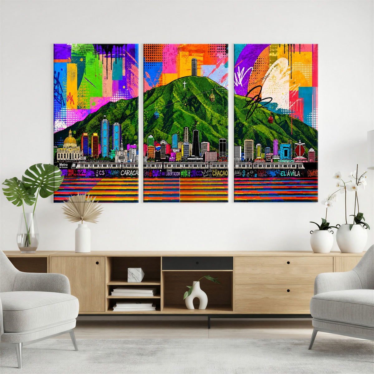 86696255-MGV-CV-36X24 - Mount Ávila, Caracas, Venezuela Wall Art Print by Artist Yorlette - Graffiti Caracas Skyline Canvas Art, Colorful Street Artwork - Venezuela El Avila Poster Print