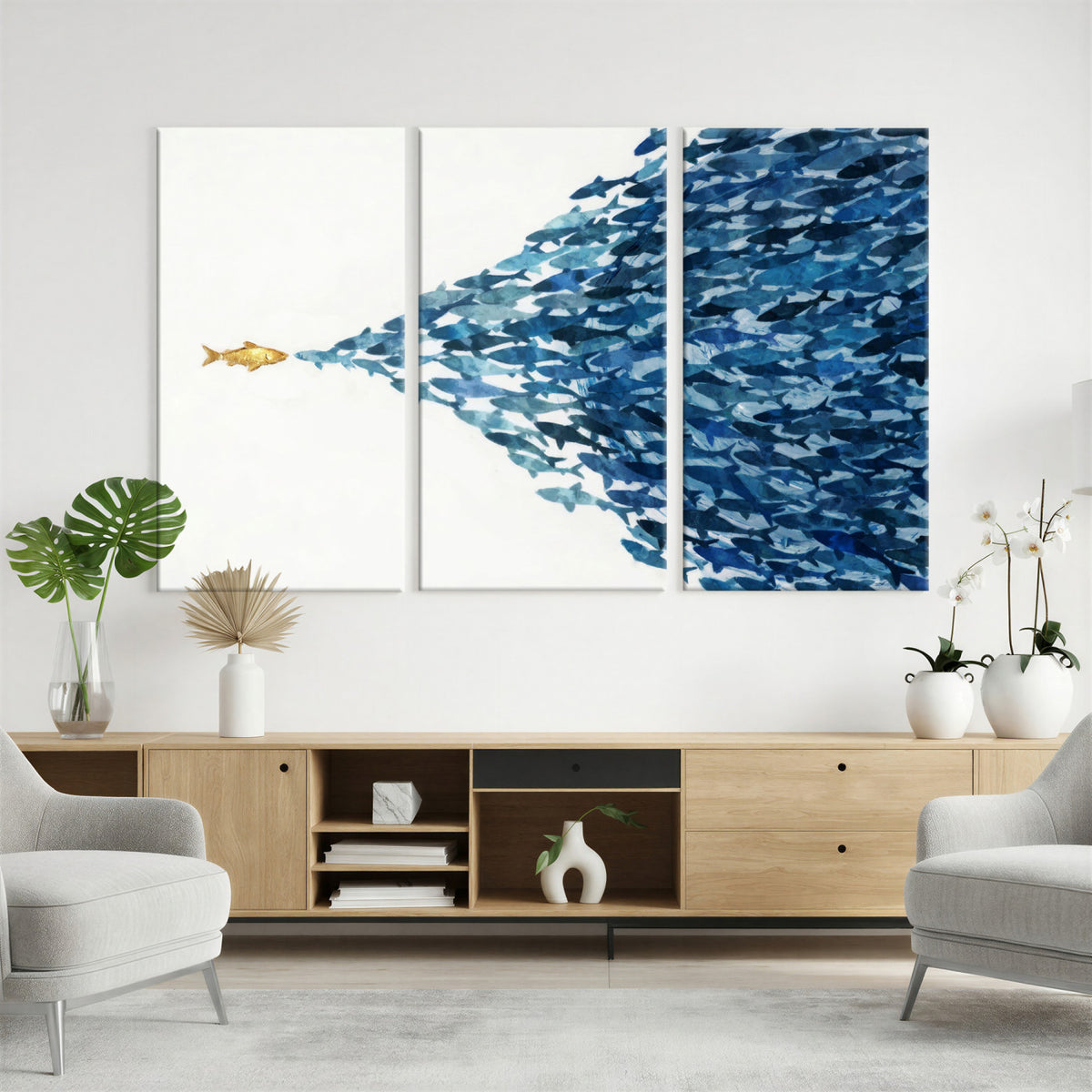79089639-MGV-CV-36X24 - Abstract Blue Fish School Canvas Wall Art, Gold Foil Accent Marine Print