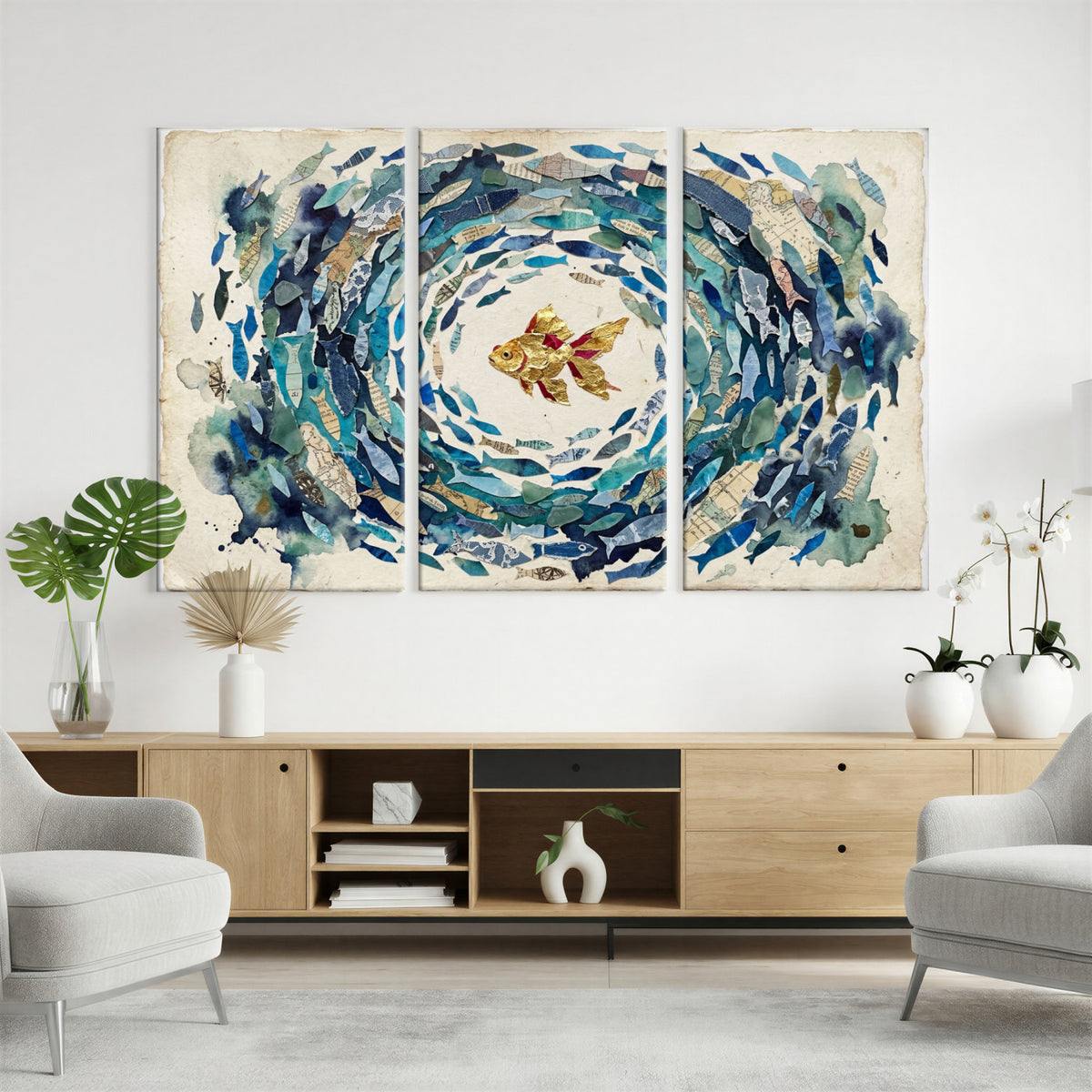 73165663-MGV-CV-36X24 - Mixed Media Blue Fish Swirl Canvas Wall Art, Goldfish Collage Ocean Print