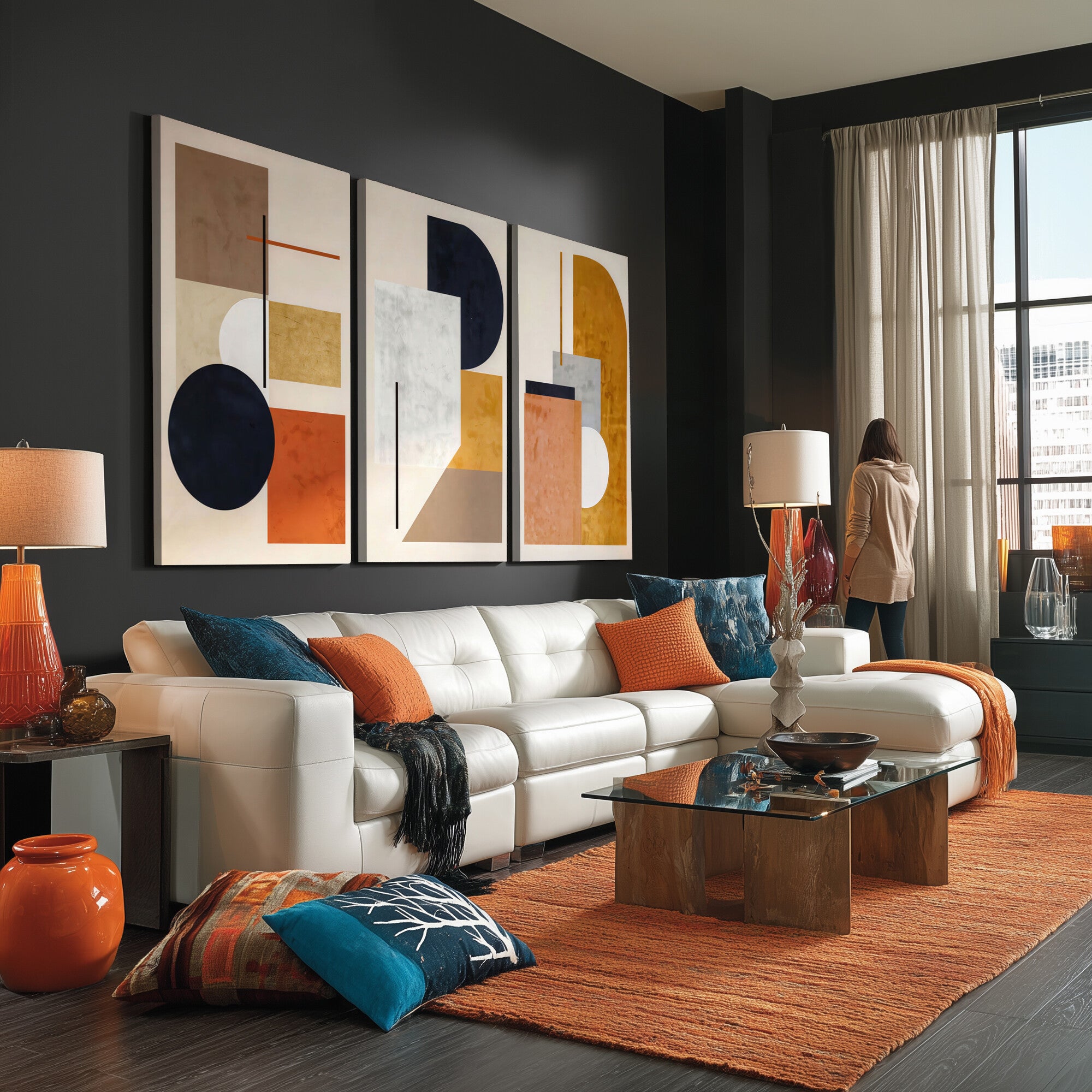 87361249-MGV-CV-48X32-3P - Mid Century Modern Geometric Canvas Wall Art, Abstract Triptych Print