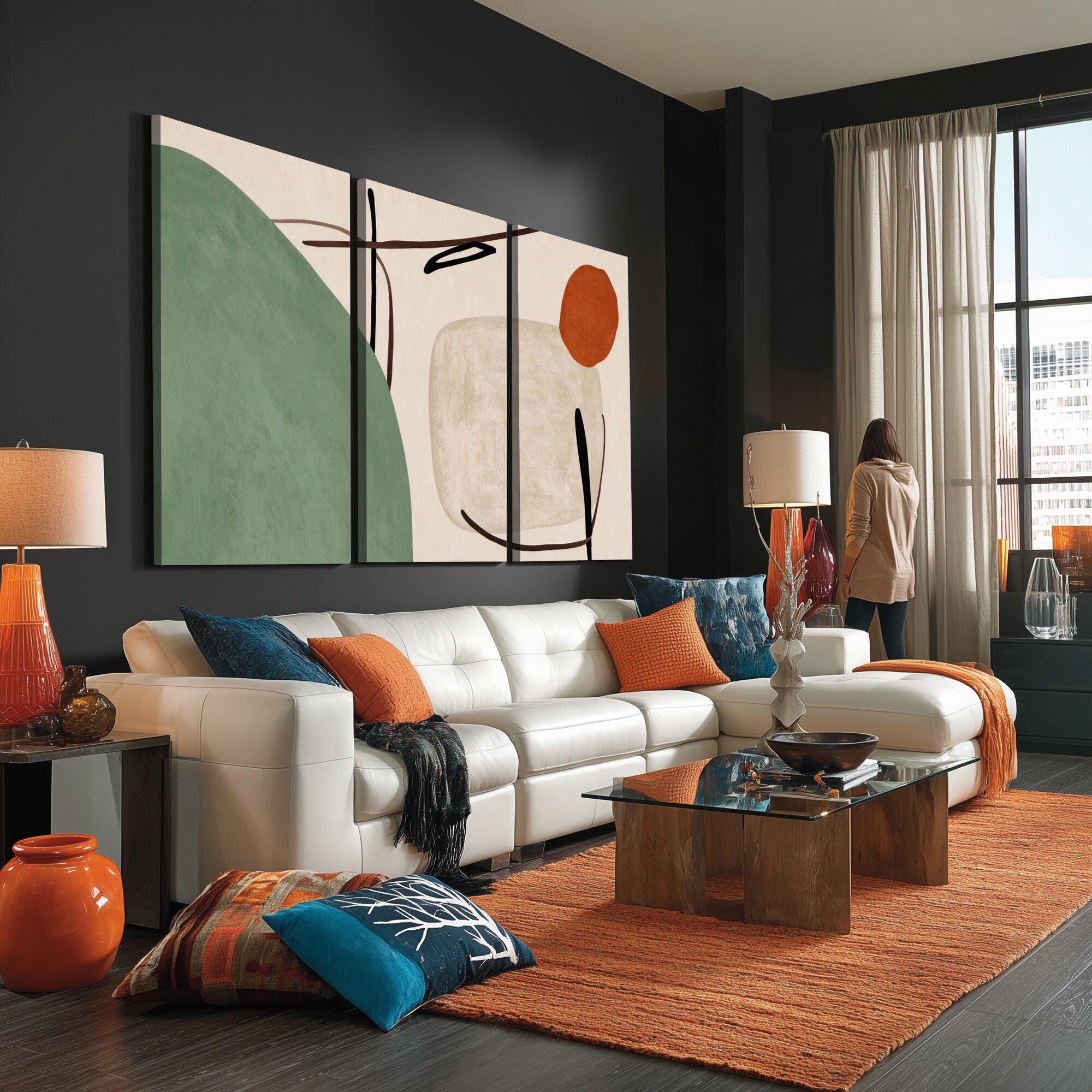 46798824-MGV-CV-48X32-3P - Mid Century Modern Geometric Canvas Wall Art, Abstract Triptych Print
