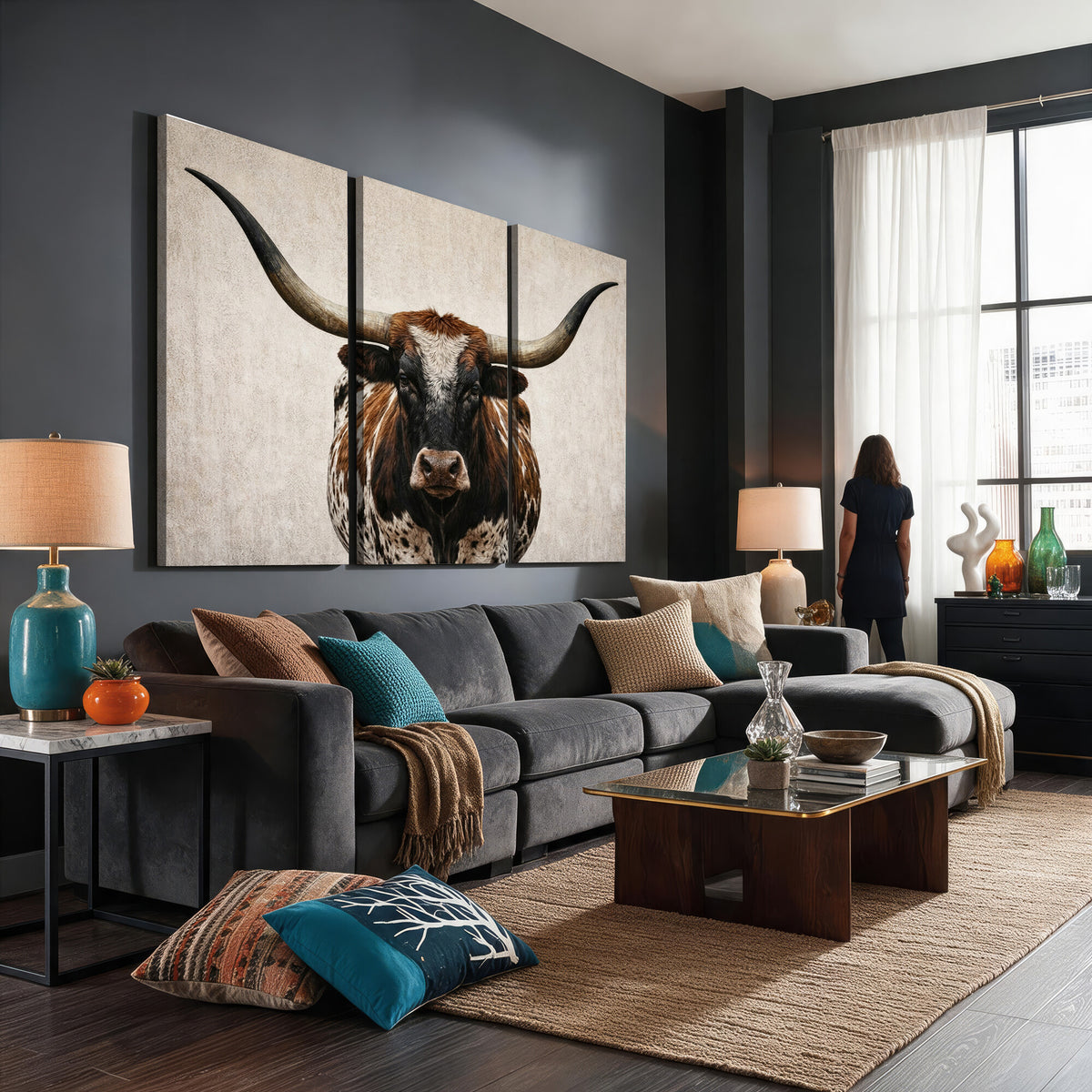 58622065-MGV-CV-36X24 - Texas Longhorn Canvas Wall Art Western Bull Desert Moody Grey Overcast Rustic Farmhouse Framed Large for Living Room Bedroom Office Decor
