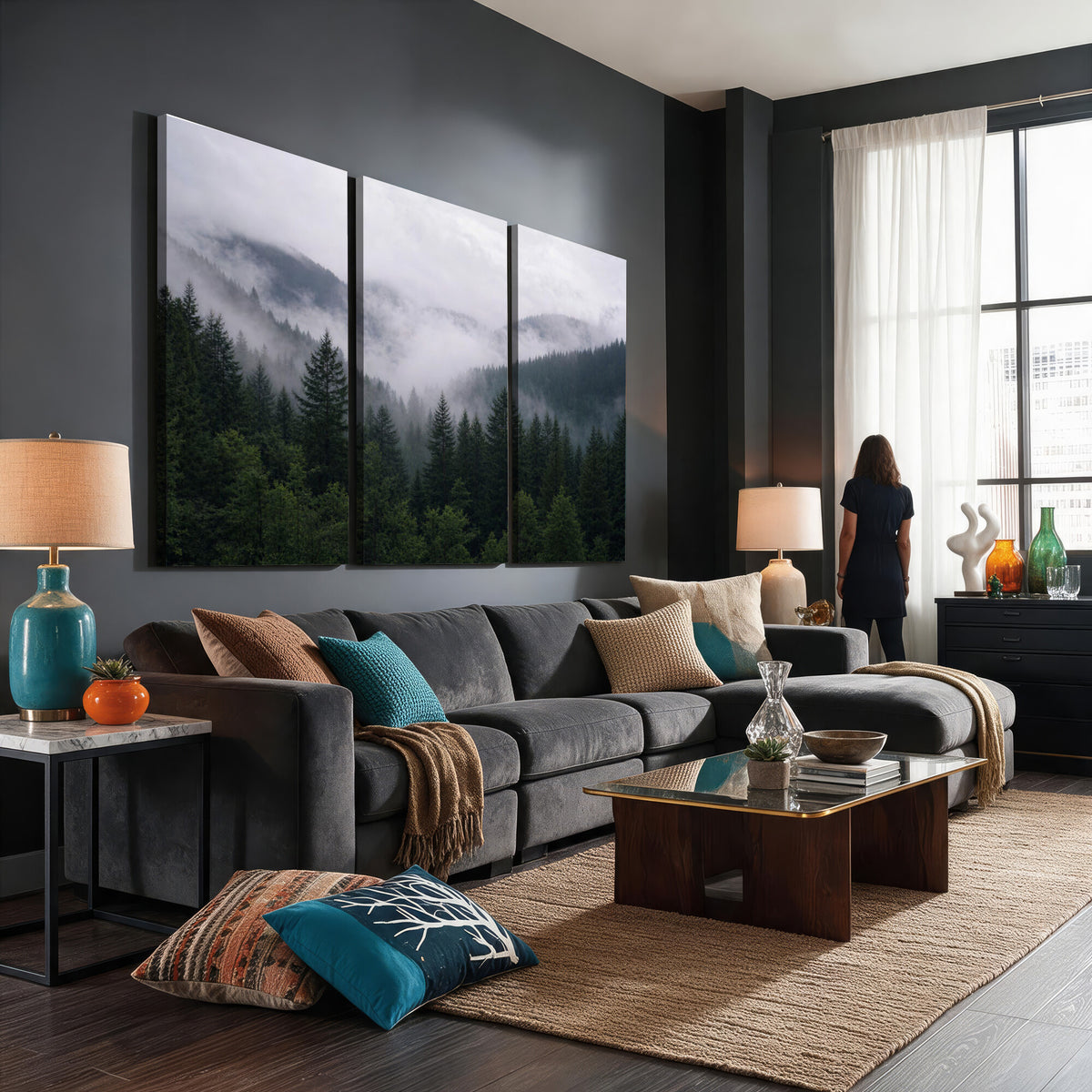 25432119-_Poster-30x20 - Misty Mountain Pine Forest Canvas Print 3 Piece Framed Wall Art Extra Large Floating Frame Nature Poster Made in USA