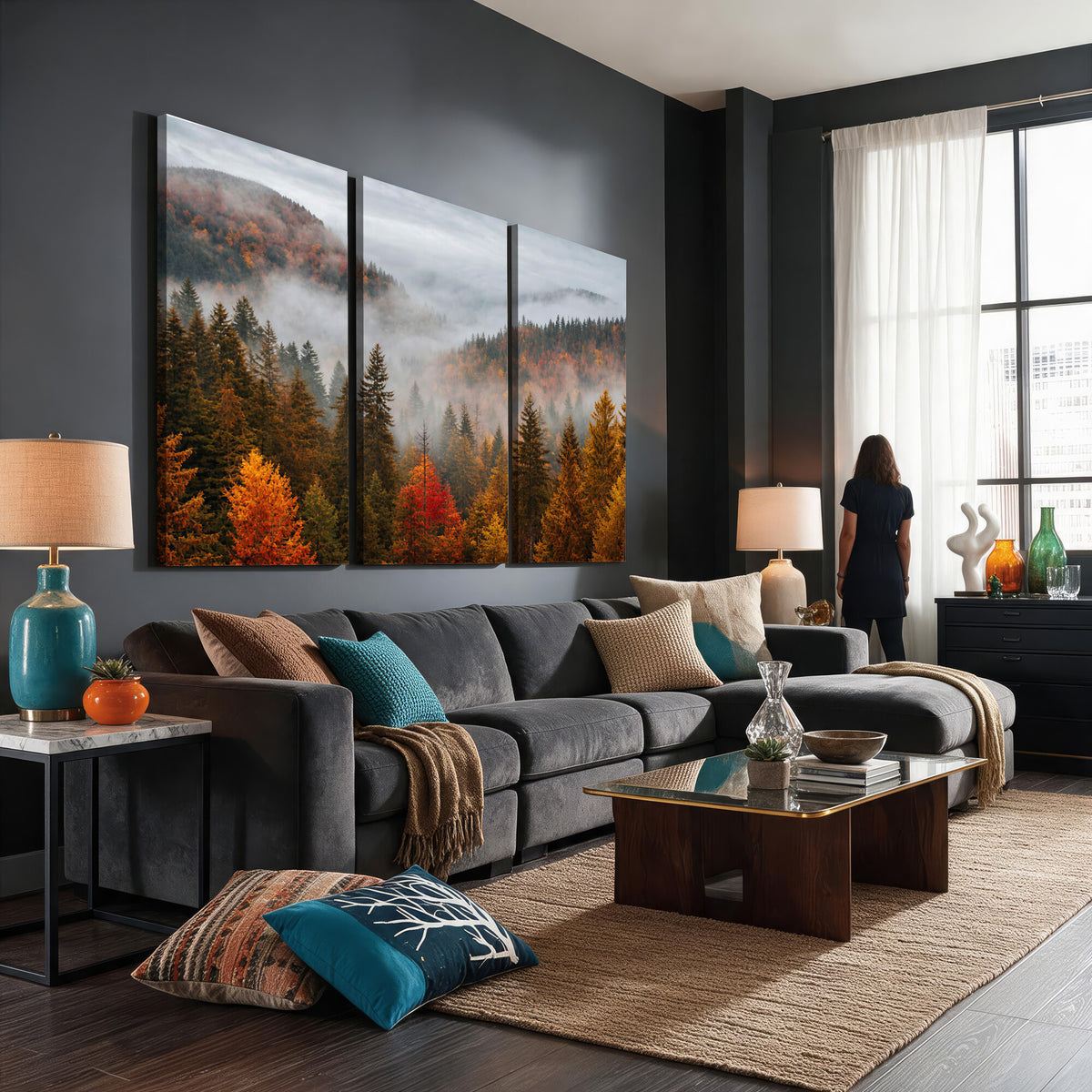 87481341-_Poster-30x20 - Foggy Autumn Mountain Canvas Print Smoky Pine Forest Wall Art Panoramic Nature Poster 3 Piece Made in USA