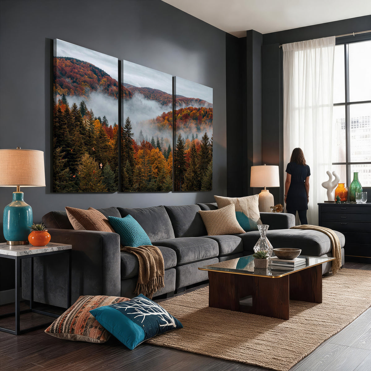 26686263-_Poster-30x20 - Misty Autumn Forest Mountain Canvas Print 3 Panel Wall Art Gallery Wrapped Floating Frame Poster Made in USA