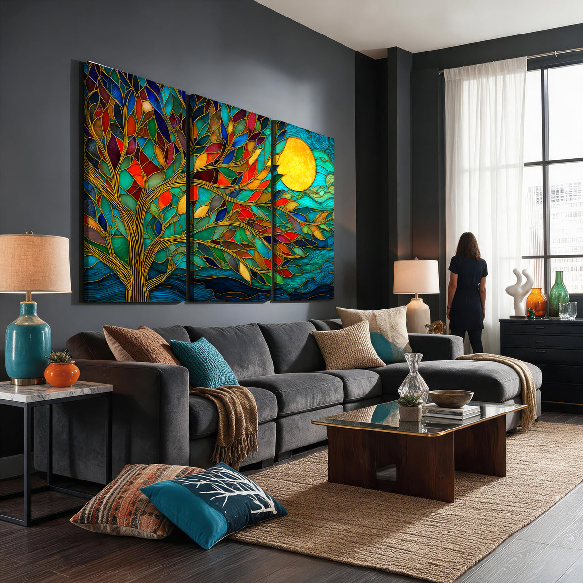 11877152-MGV-CV-36X24 - Stained Glass Tree Of Life Wall Art - Vibrant Mosaic Nature Home Decor