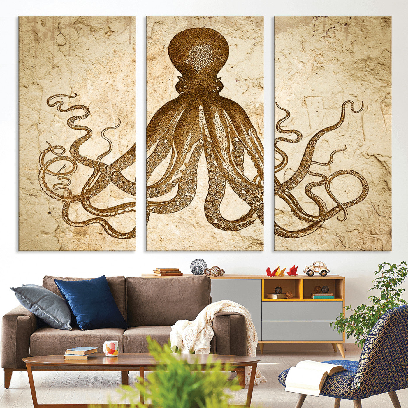 96154-MGV-CV-36X24-Sepia Octopus Wall Art Abstract Animal Canvas Print