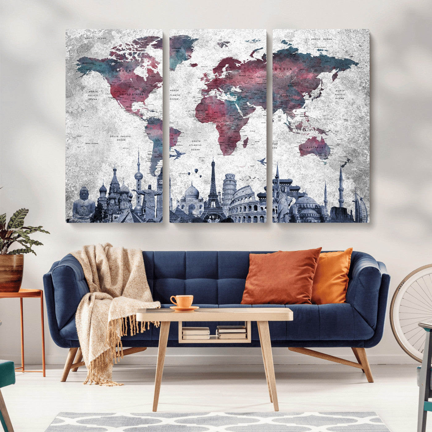 MGV-CV-48X32-3P - Push Pin World Map Canvas Print – Framed Wall Art for Couples to Track Their Travels – Anniversary