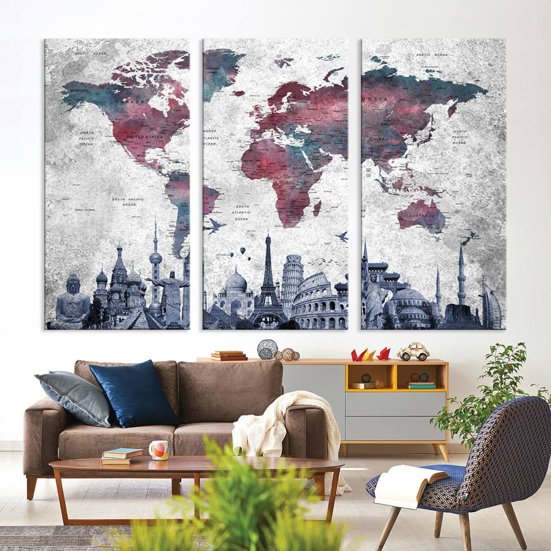 The dining room features a Blue Multipanel World Map Wall Art Canvas Print that adorns the wall, highlighting its neutral decor.