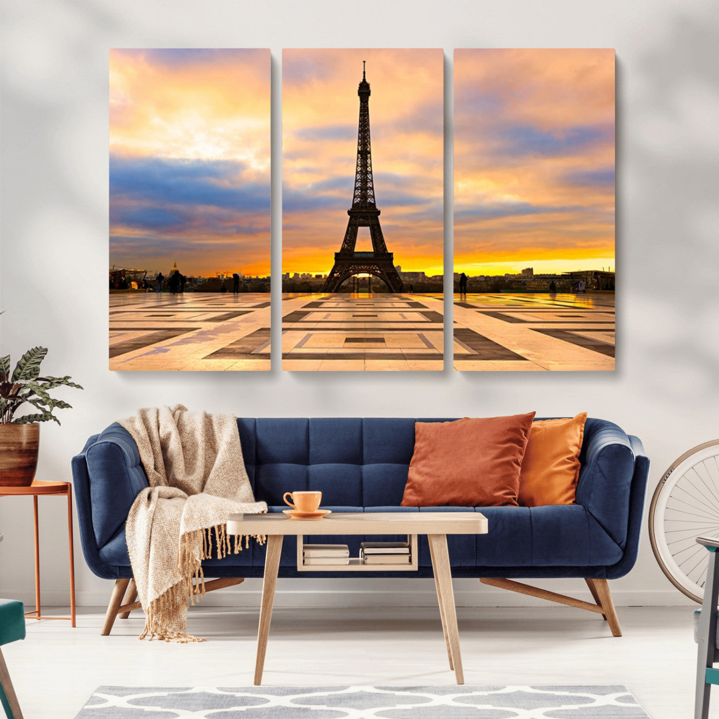MGV-CV-48X32-3P - Paris Eiffel Tower Sunset Canvas Wall Art Print - Iconic Landmark Decor with Vibrant Colors