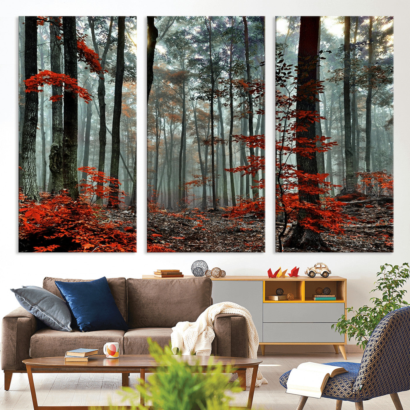 59209-MGV-CV-36X24-Autumn Forest Canvas Wall Art – Enchanting Red Leaves Triptych Print – Nature-Inspired Decor for Living Room or Office – Ready to Hang