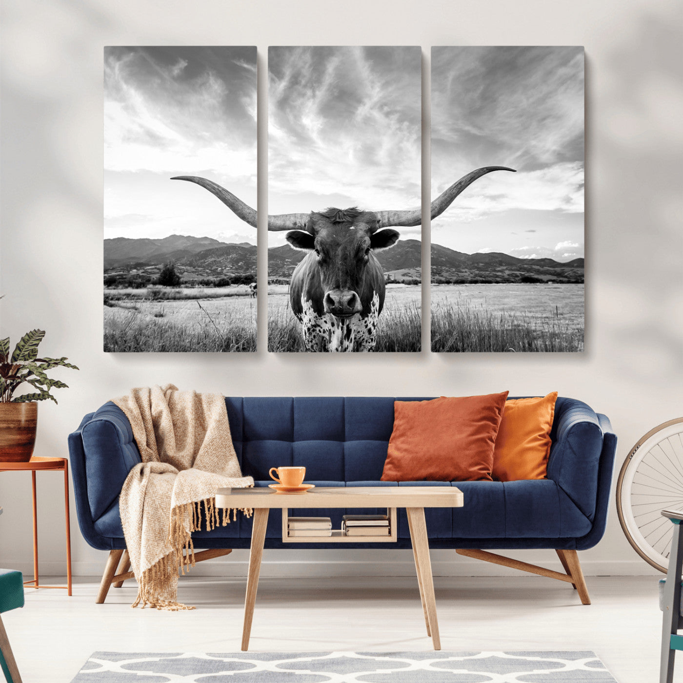 MGV-CV-48X32-3P - Longhorn Cow Wall Art Canvas Print Farmhouse Wall Art - Texas Longhorn Wall Art Print
