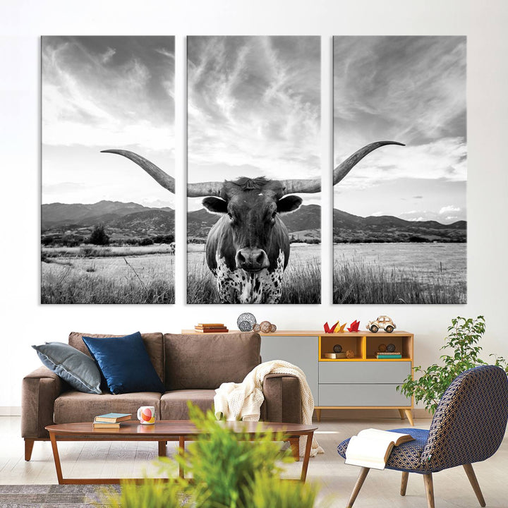 Longhorn Cow Wall Art Canvas Print Farmhouse Wall Art - Texas Longhorn Wall Art Print