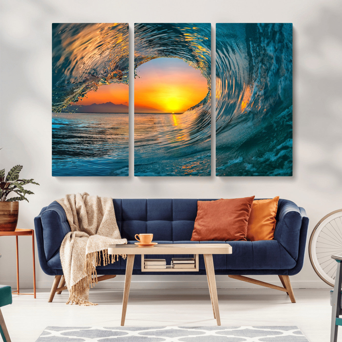 MGV-CV-48X32-3P - Ocean Wave Sunset Wall Art | Large Coastal Wave Canvas Print | 3-Panel Ocean Sunset Seascape for
