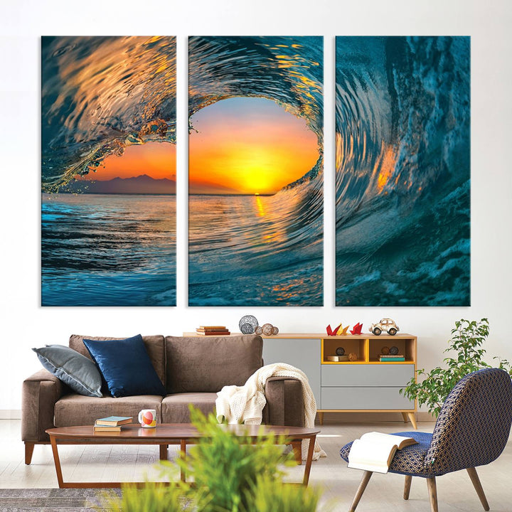 The Ocean Wave Sunset Wall Art canvas print features a vibrant ocean wave at sunset, forming a tunnel with silhouetted mountains.