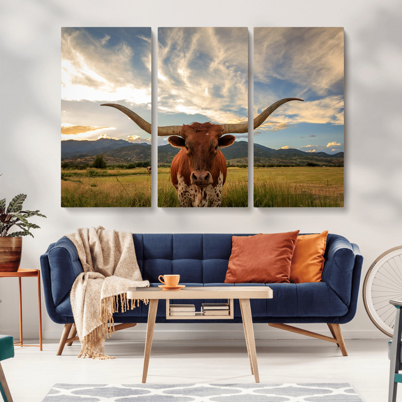 MGV-CV-48X32-3P - Texas Longhorn Canvas Wall Art – Majestic Triptych Animal Print – Rustic Western Decor for Living