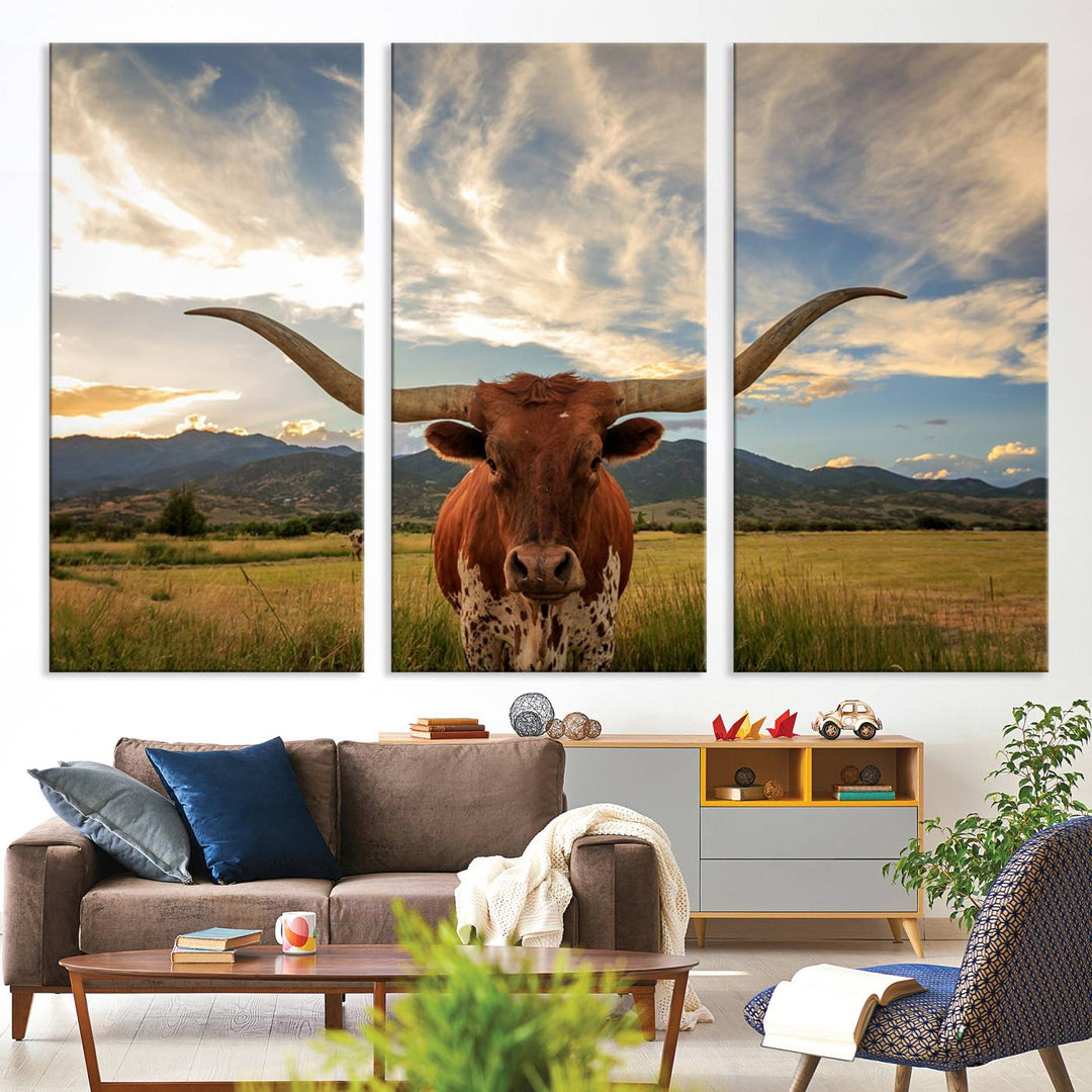 Texas Longhorn Canvas Wall Art – Majestic Triptych Animal Print – Rustic Western Decor for Living Room or Office – Ready to Hang