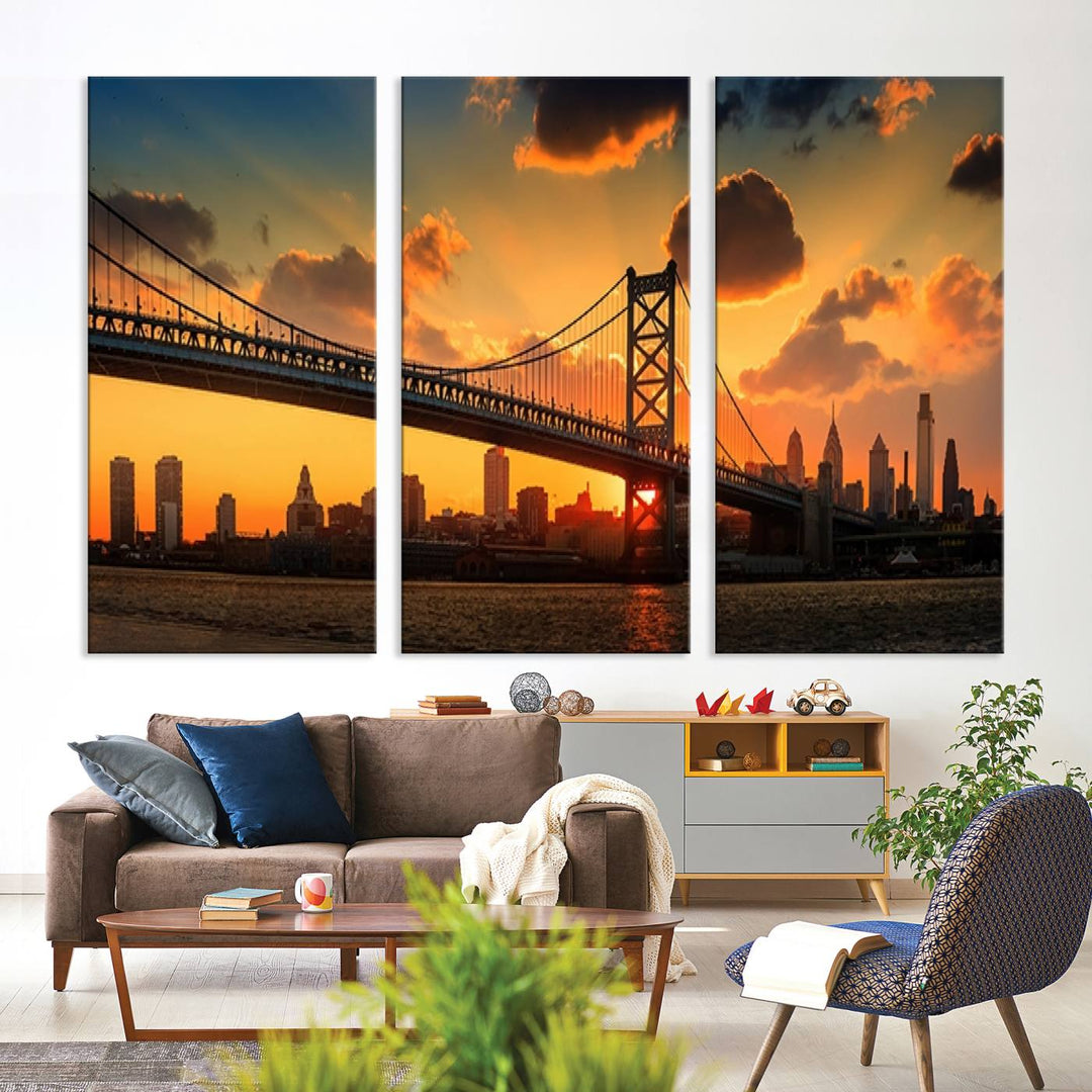 The Philadelphia Ben Franklin Bridge Wall Art Canvas Print radiates charm, embodying the beauty of premium canvas. This handmade-in-the-USA artwork captures attention with its distinct presence.