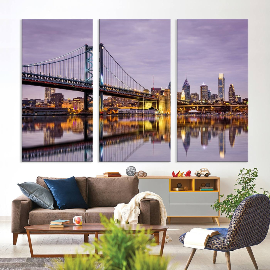 A woman holds the Philadelphia Ben Franklin Bridge Wall Art Canvas Print, a gallery-quality photo showcasing a city skyline with the bridge reflecting on the river. This stunning piece would make an excellent addition as premium canvas wall art for any home.