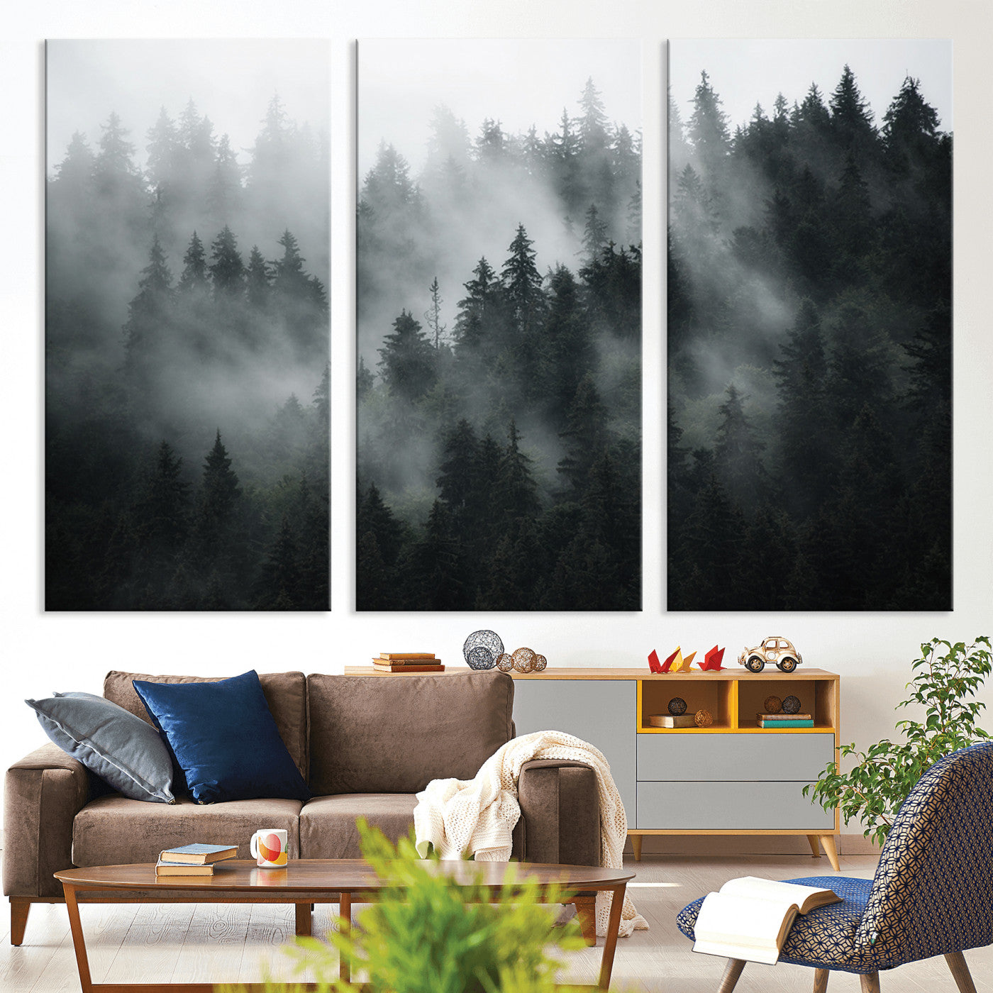 52359-MGV-CV-36X24-Foggy Forest Wall Art Canvas Print | 3 Panel Large Misty Landscape for Dining Room, Office, or Living Room | Ready to Hang Nature Deco