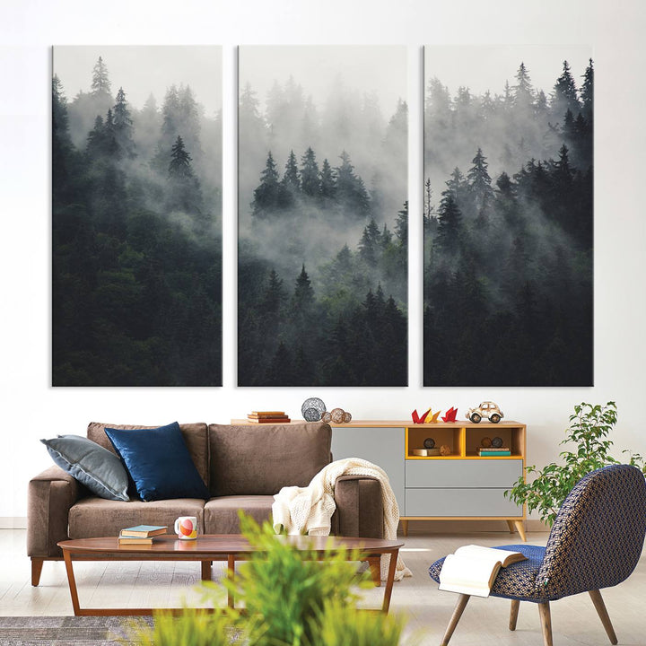 The Serene Triptych Print features tall evergreens, creating a mysterious and calming atmosphere.