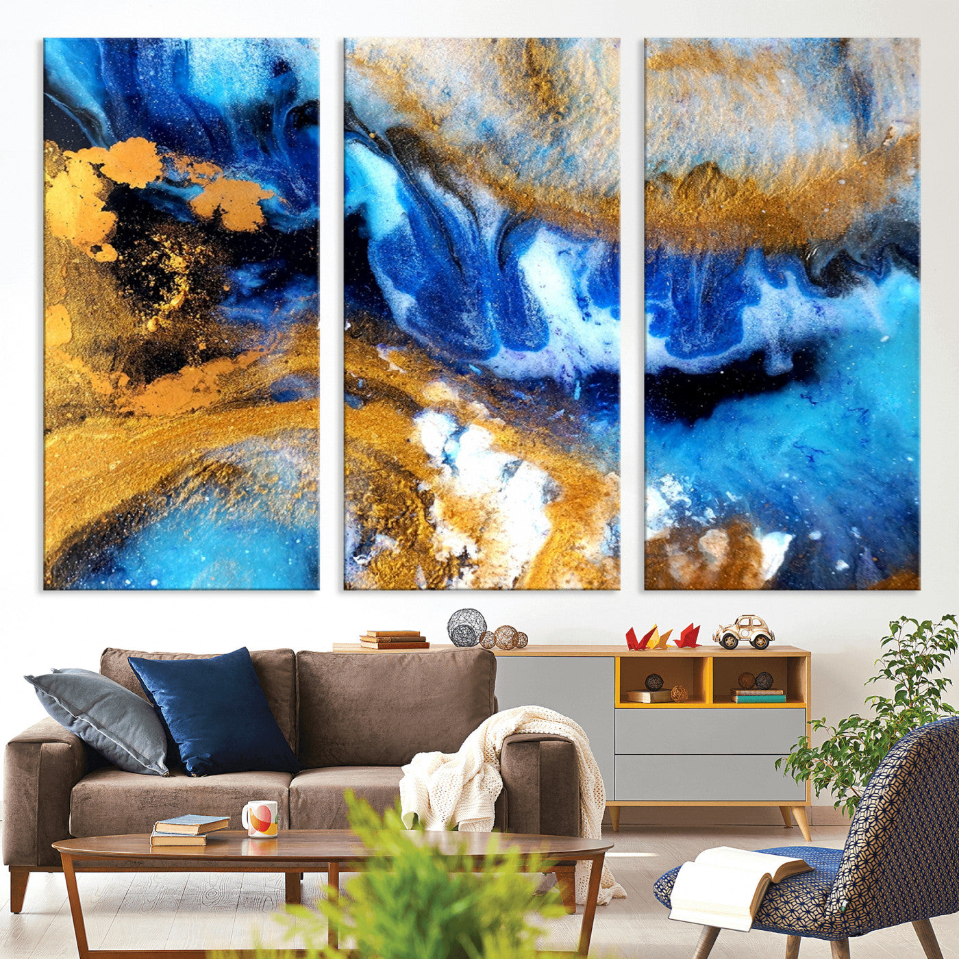 42100-MGV-CV-36X24-Blue Orange Marble Fluid Effect Canvas Wall Art Print