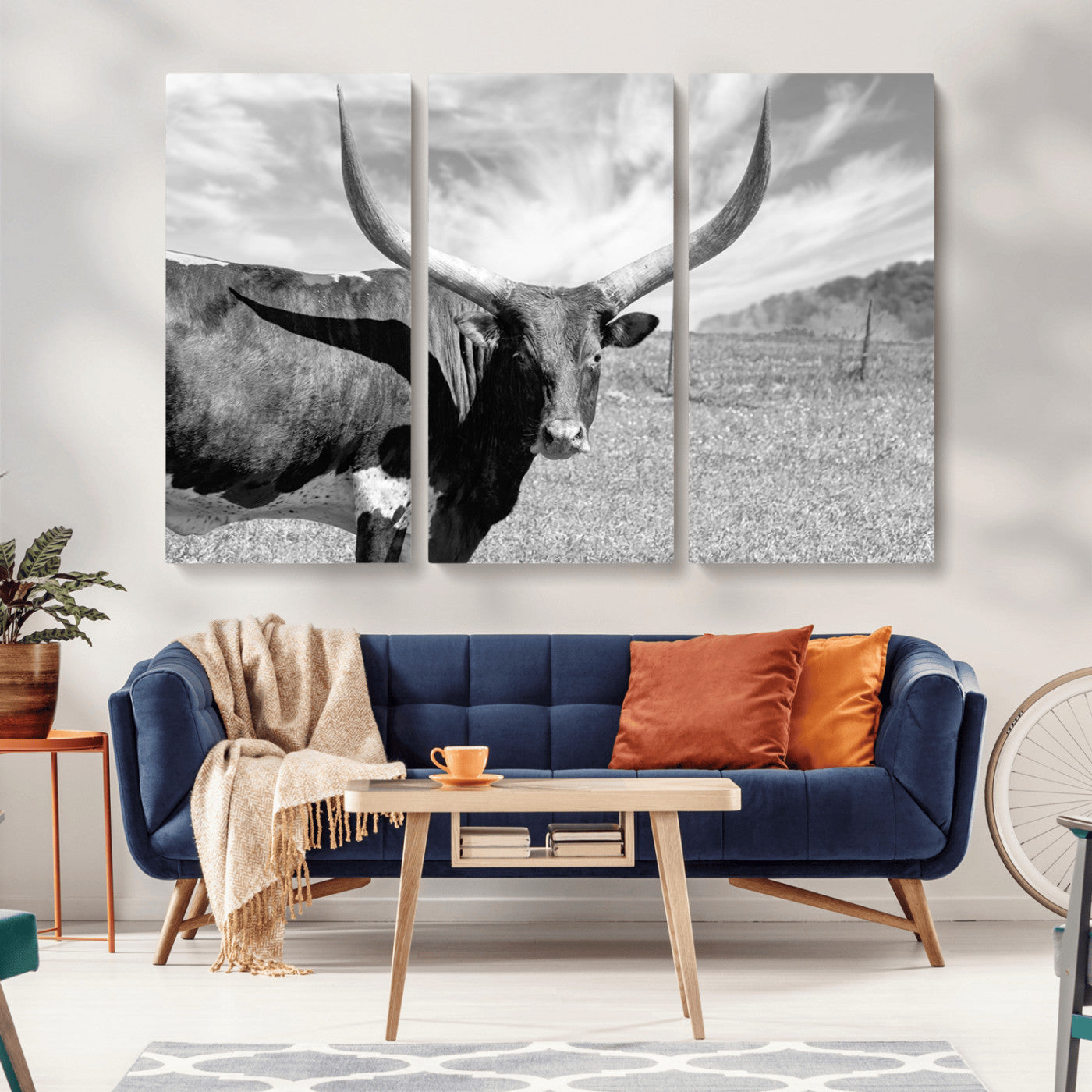 MGV-CV-48X32-3P - Longhorn Wall Art Canvas Print, Framed Ranch Wall Art Canvas Print