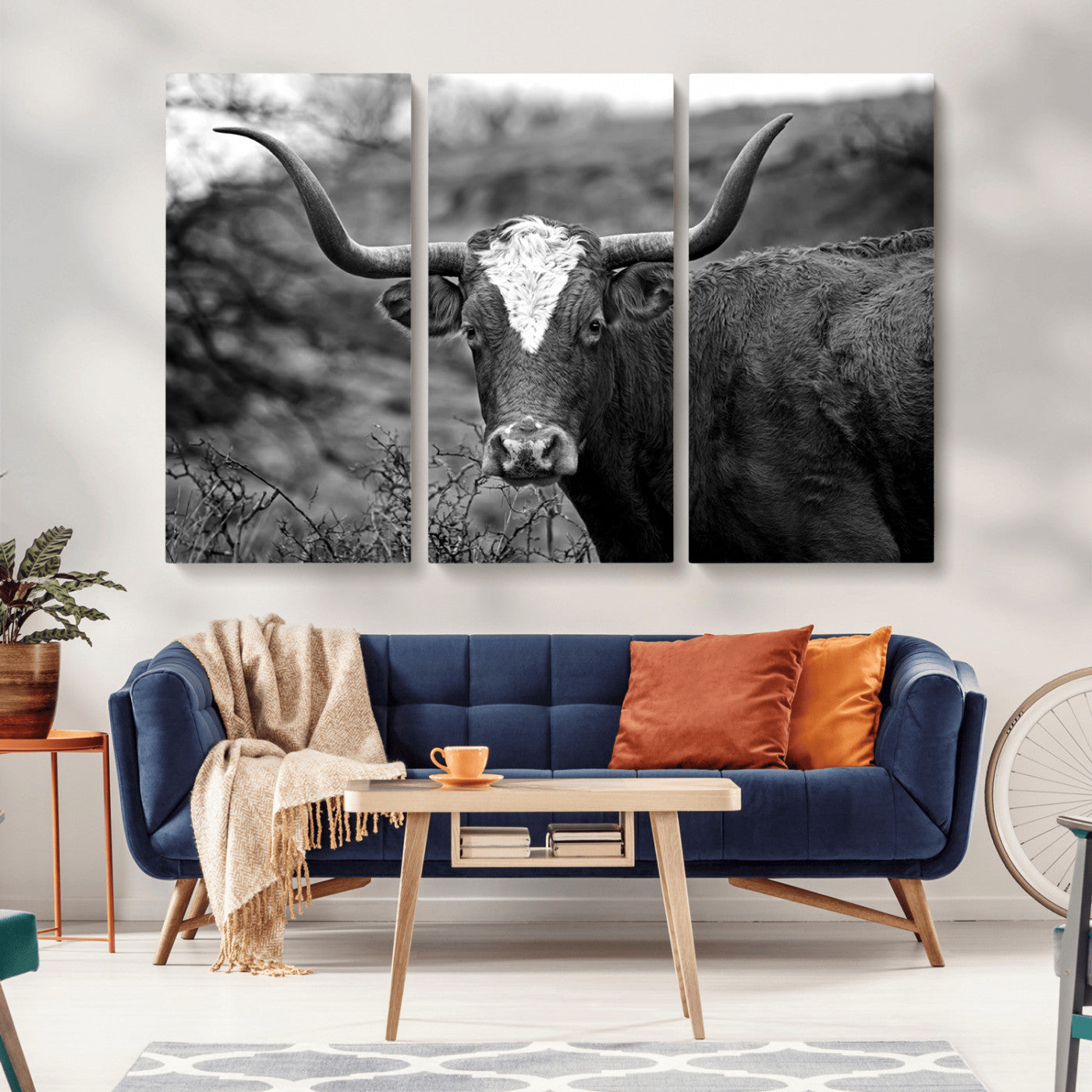 MGV-CV-48X32-3P - Western Home Wall Art Canvas Print, Framed Texas Longhorn Art Picture Print, Rustic Cow Perfect Rustic Farmhouse Decor Artwork