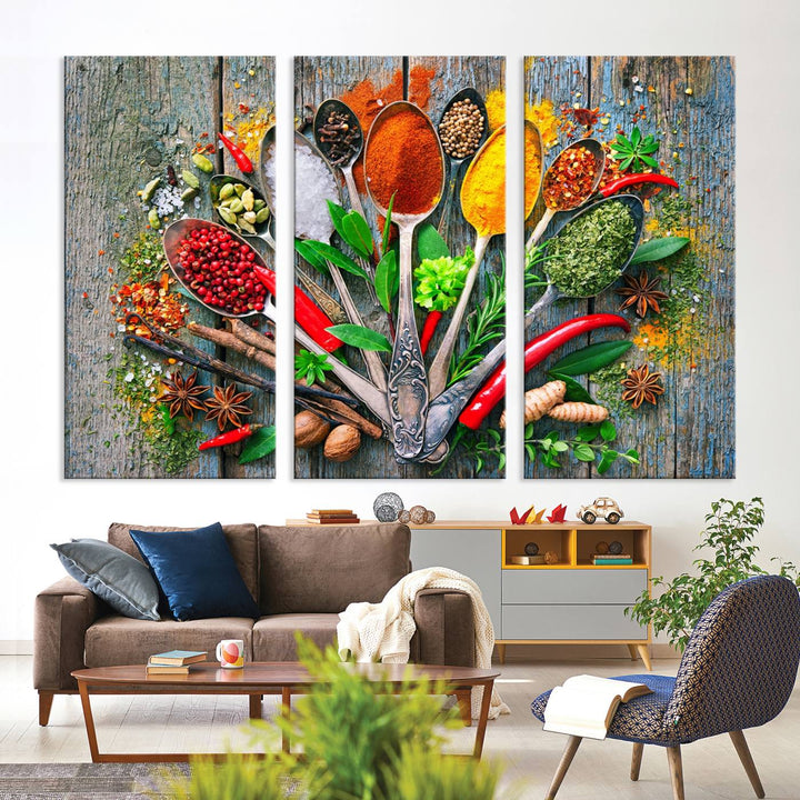 Vibrant Spoonful of Spices kitchen wall art canvas, a culinary triptych ideal for any dining room decor.