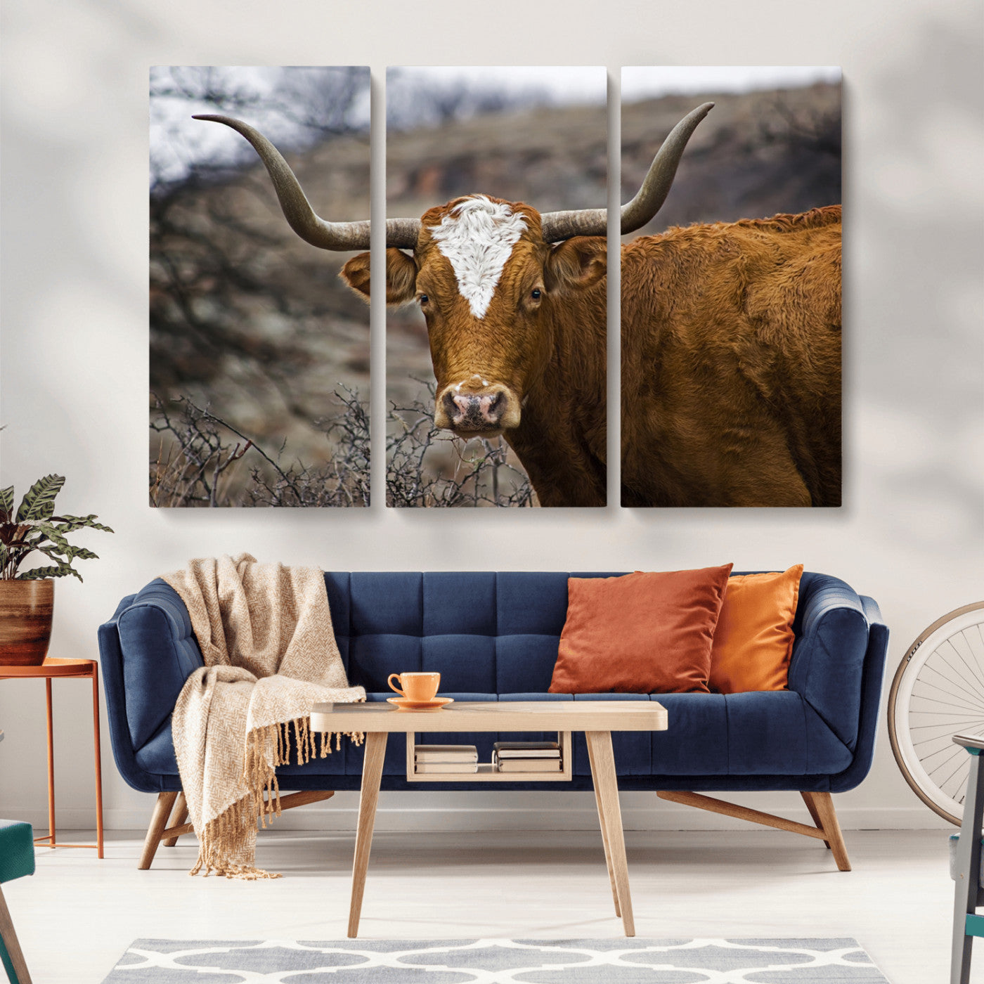 MGV-CV-48X32-3P - Texas Longhorn Canvas Wall Art - Longhorn Steer Canvas Wall Art Print- Rustic Western Animal Print,