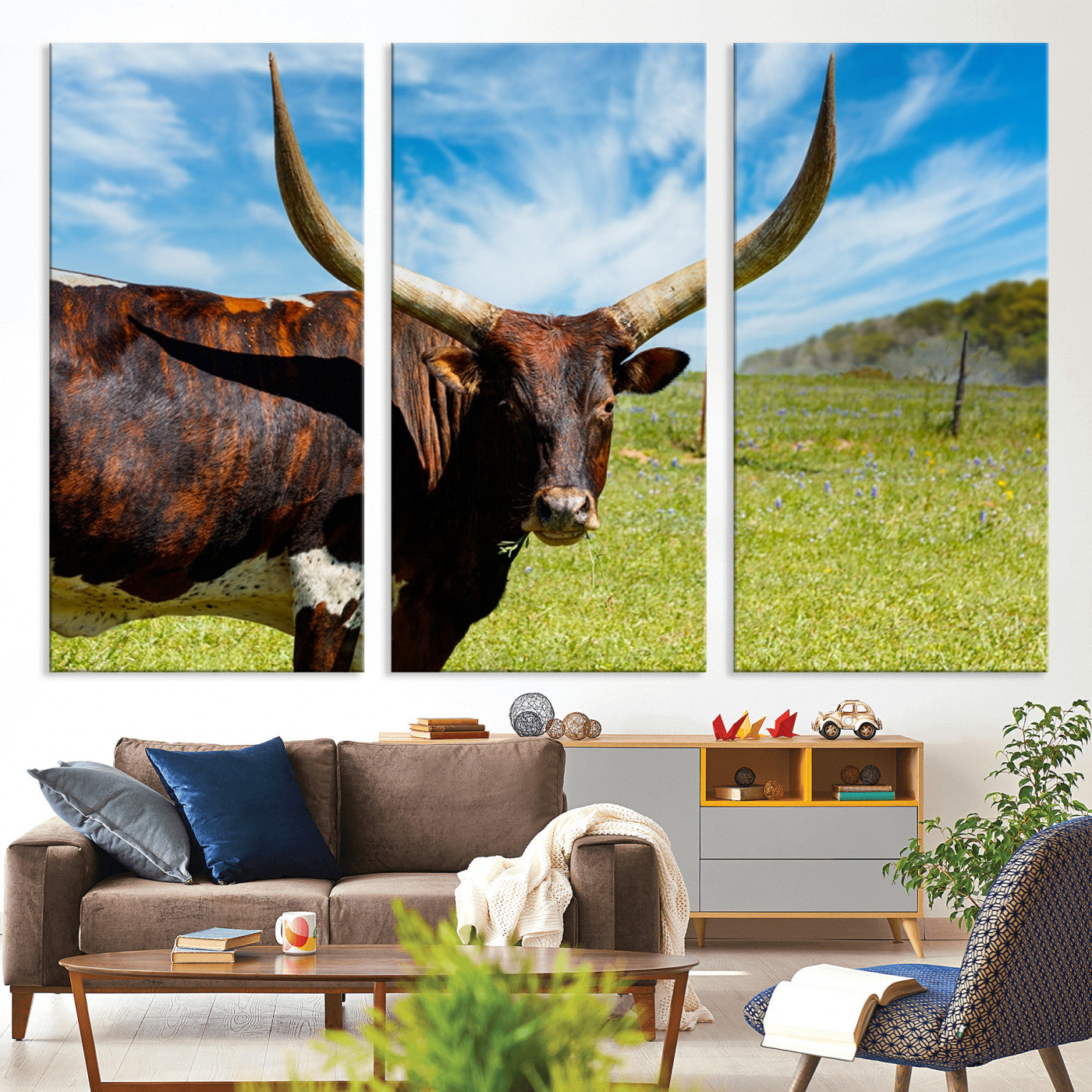 47037-MGV-CV-36X24-Longhorn and Cow Wall Art, Country Cow Wall Decor Canvas Print